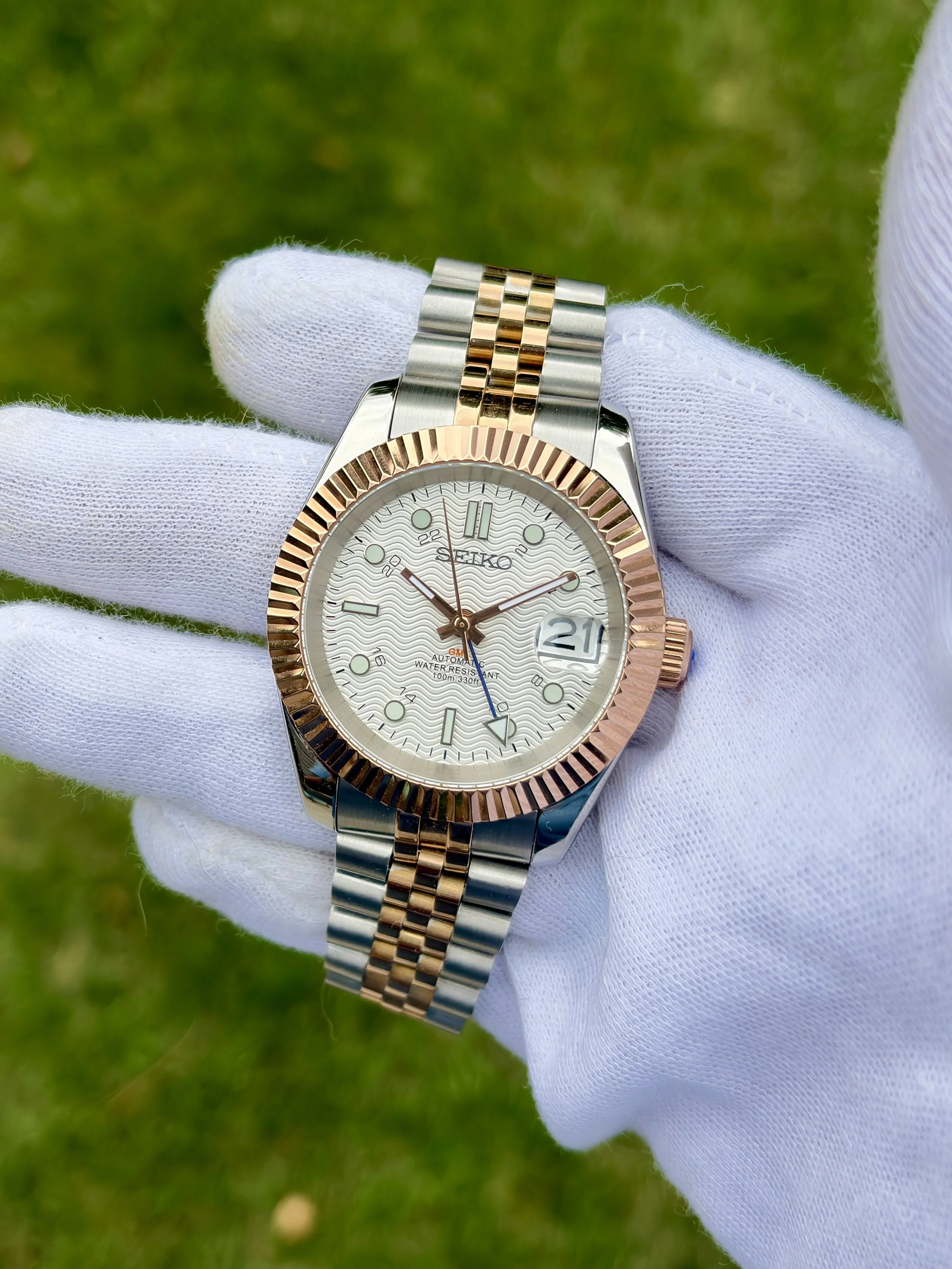 One Off Build Custom Seiko NH34 GMT Automatic 39mm Fluted Bezel Rose Gold Two Tone