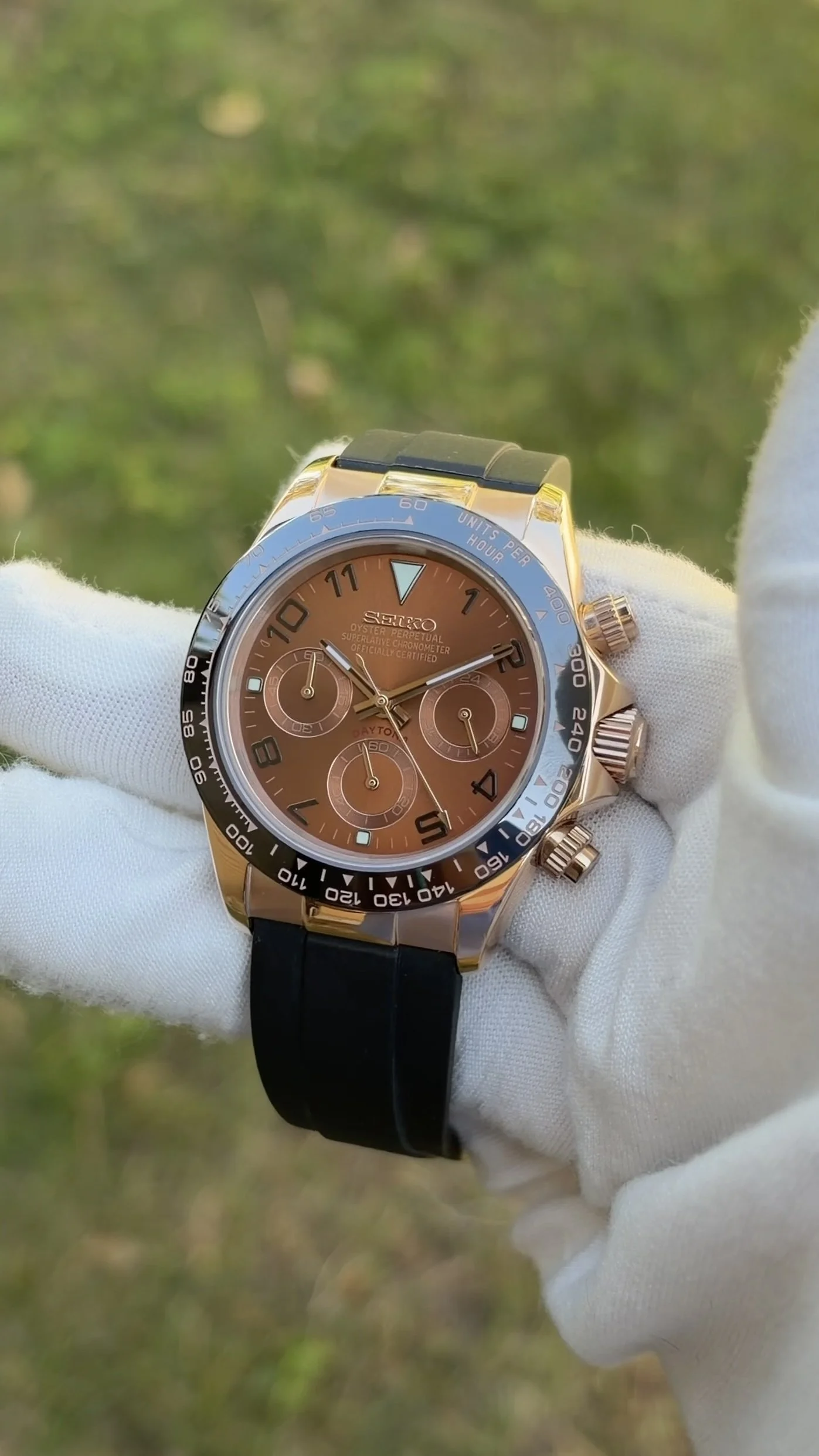 Custom Seiko Chronograph VK63 Mecaquartz 40mm Sun Burst Brown Dial (Rubber Strap)