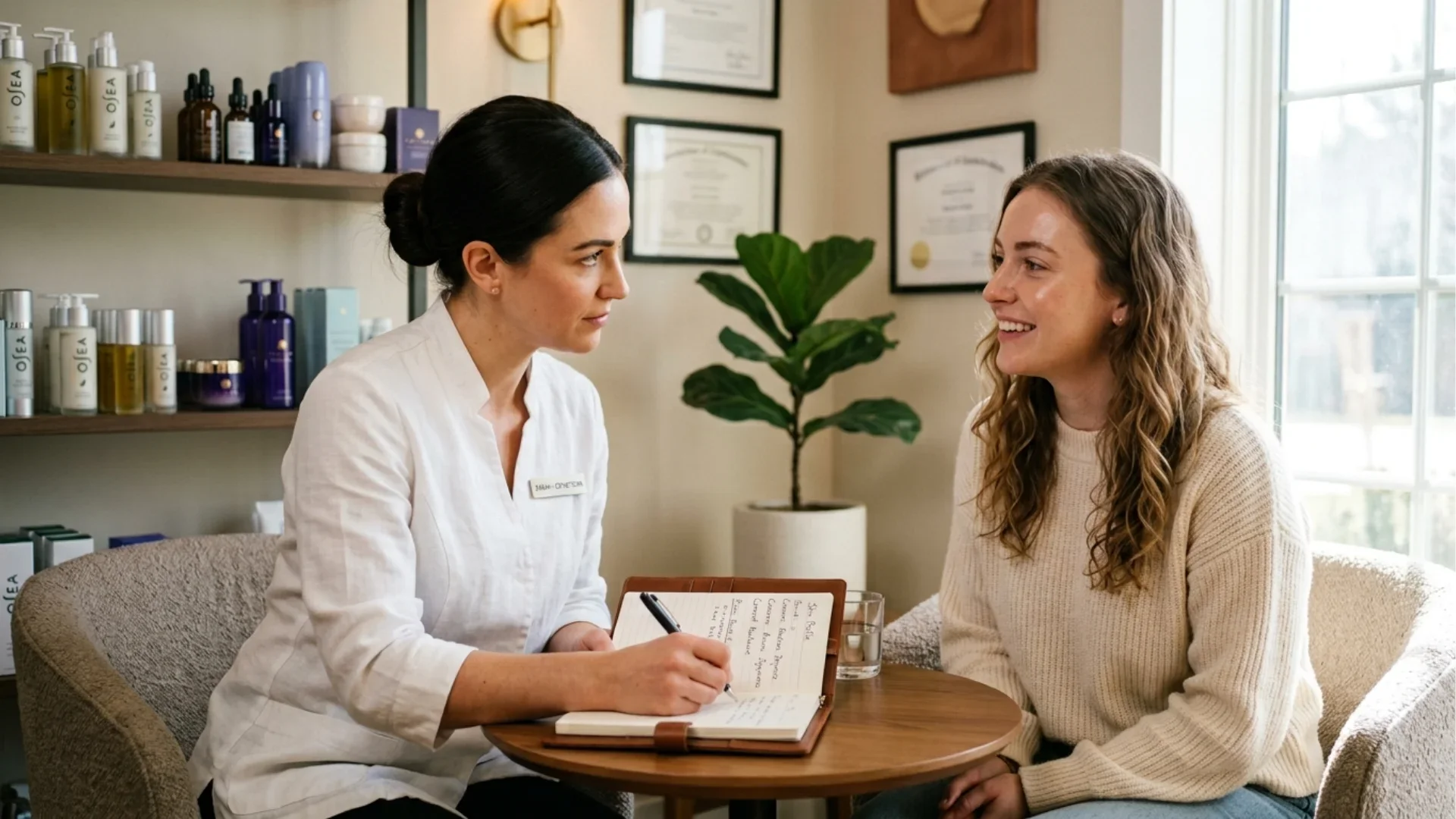 Esthetician conducting skin assessment with client before facial treatment in Kirkland