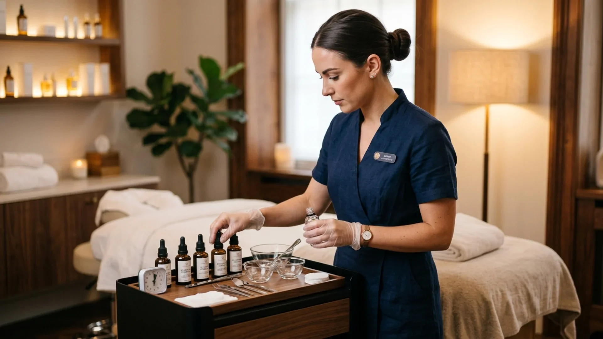 Solo esthetician preparing for personalized facial treatment at EB Glow Kirkland WA