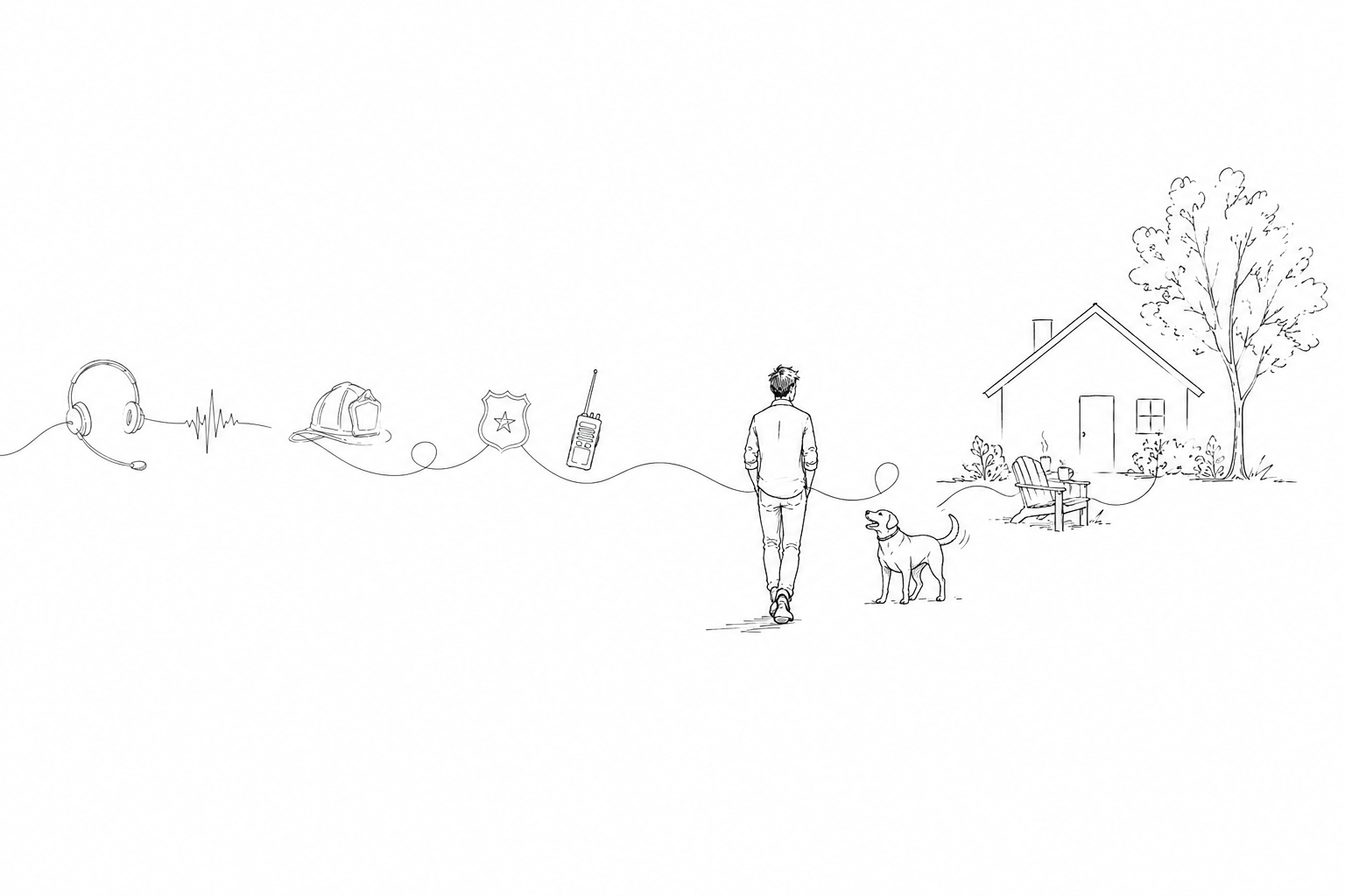 Line drawing of a first responder moving from work toward home, with a dog greeting them