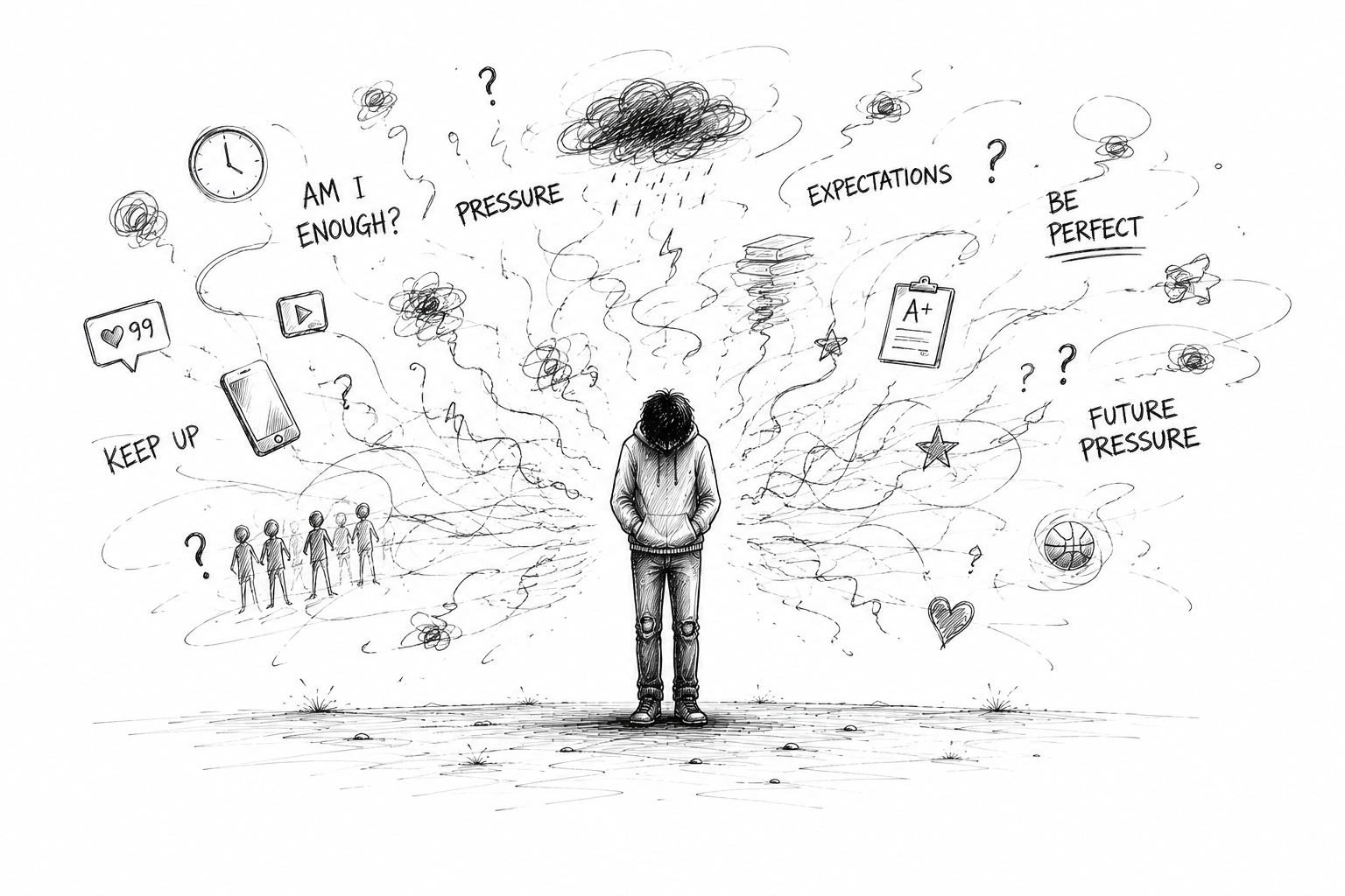 Line drawing representing the emotional pressure and experiences of adolescence