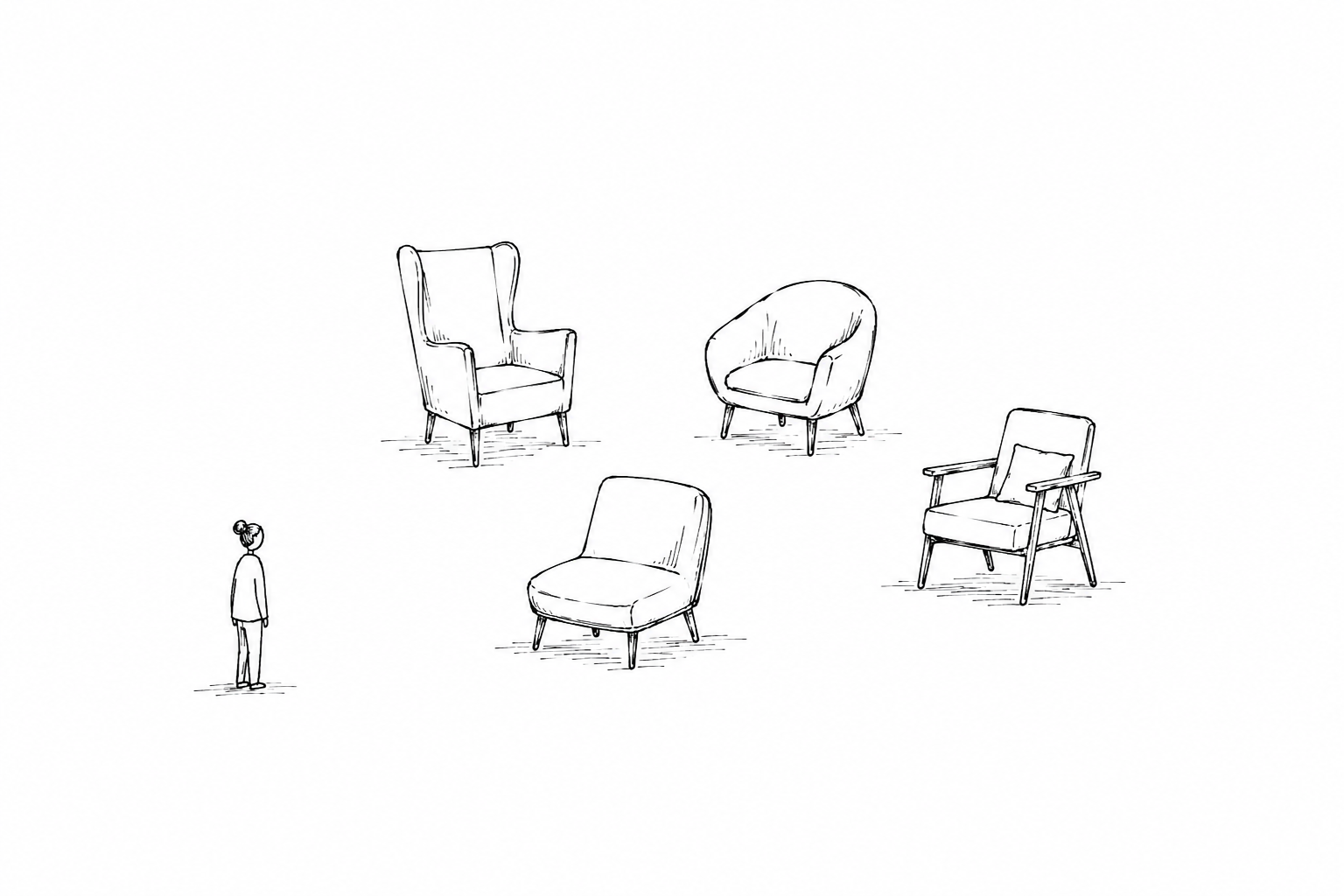 Line drawing with a client choosing a chair for the best therapist.