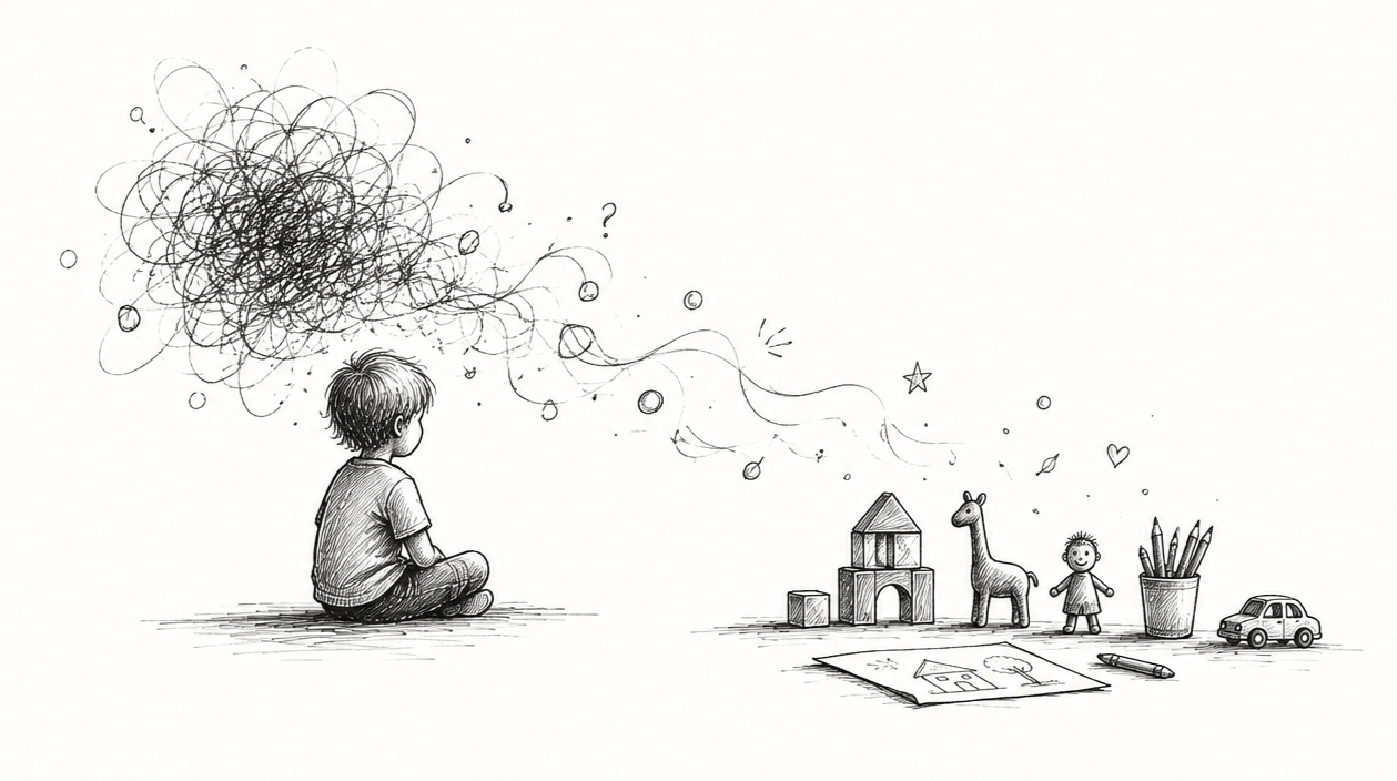 Line drawing of a child in a play therapy setting