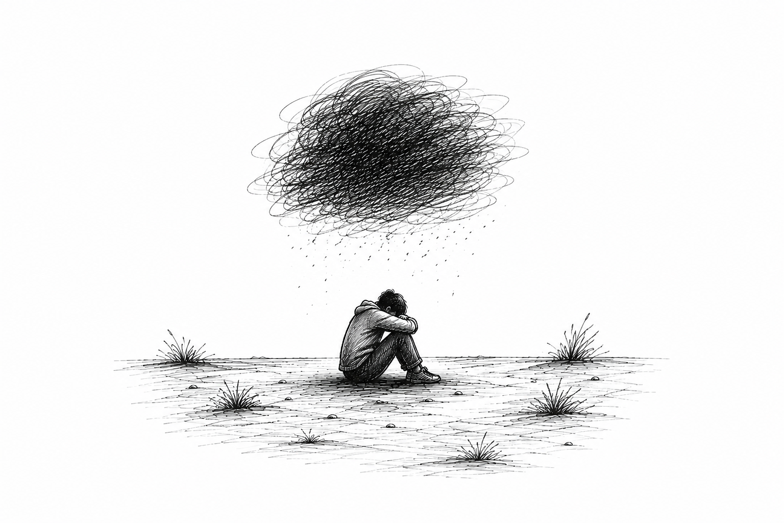 Line drawing representing the exhaustion and heaviness of depression while continuing to function