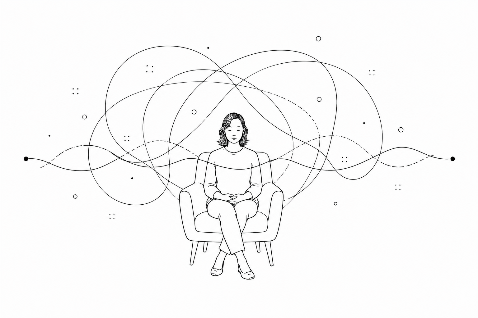 Line drawing of a seated person surrounded by looping lines representing the processing of distressing experiences