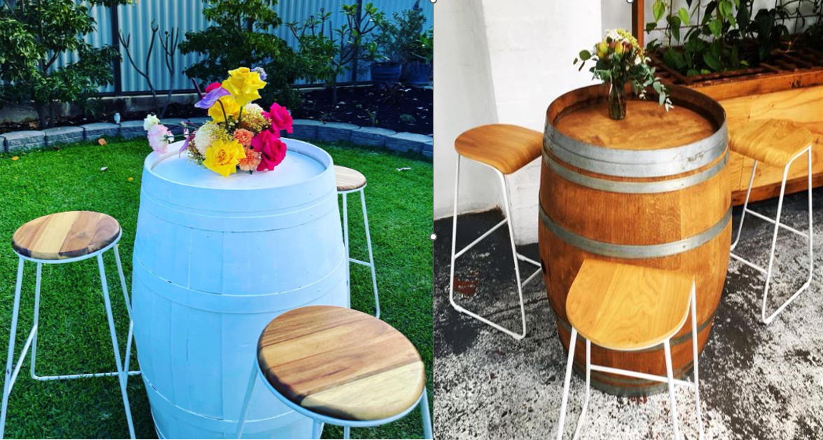 Wine barrel and cocktail stools mixed kit for wedding hire package vs individual hire Perth
