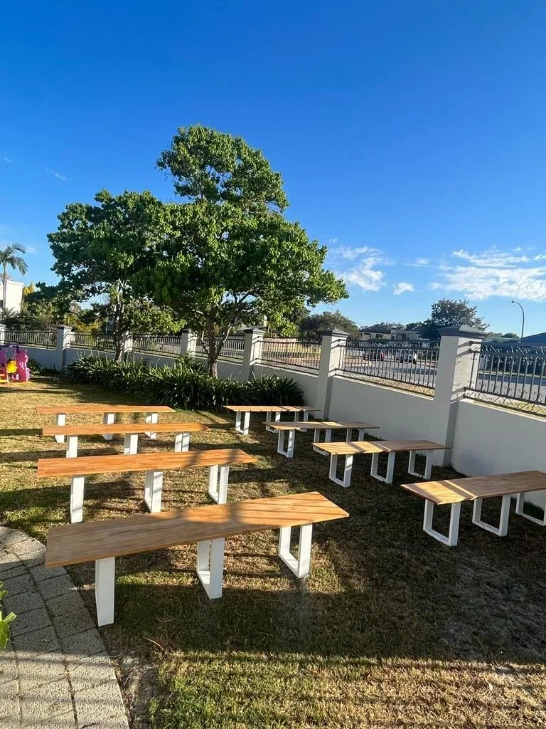 Outdoor bench seating wedding hire setup for Perth events