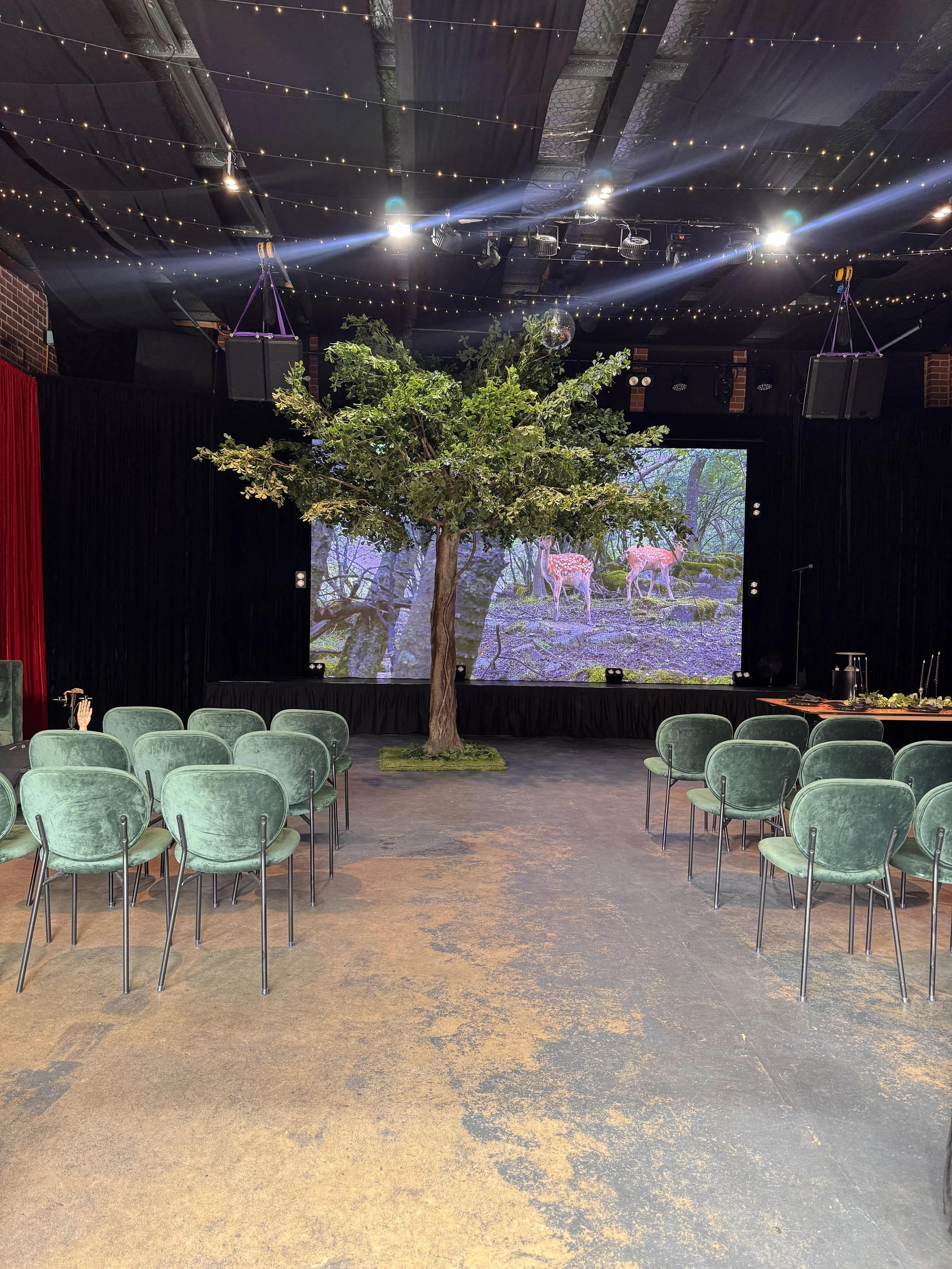 An indoor event space decorated with a woodland theme. A large artificial tree stands near the stage in front of an LED screen displaying a forest scene with deer, while rows of green velvet chairs face the front under warm fairy lights.