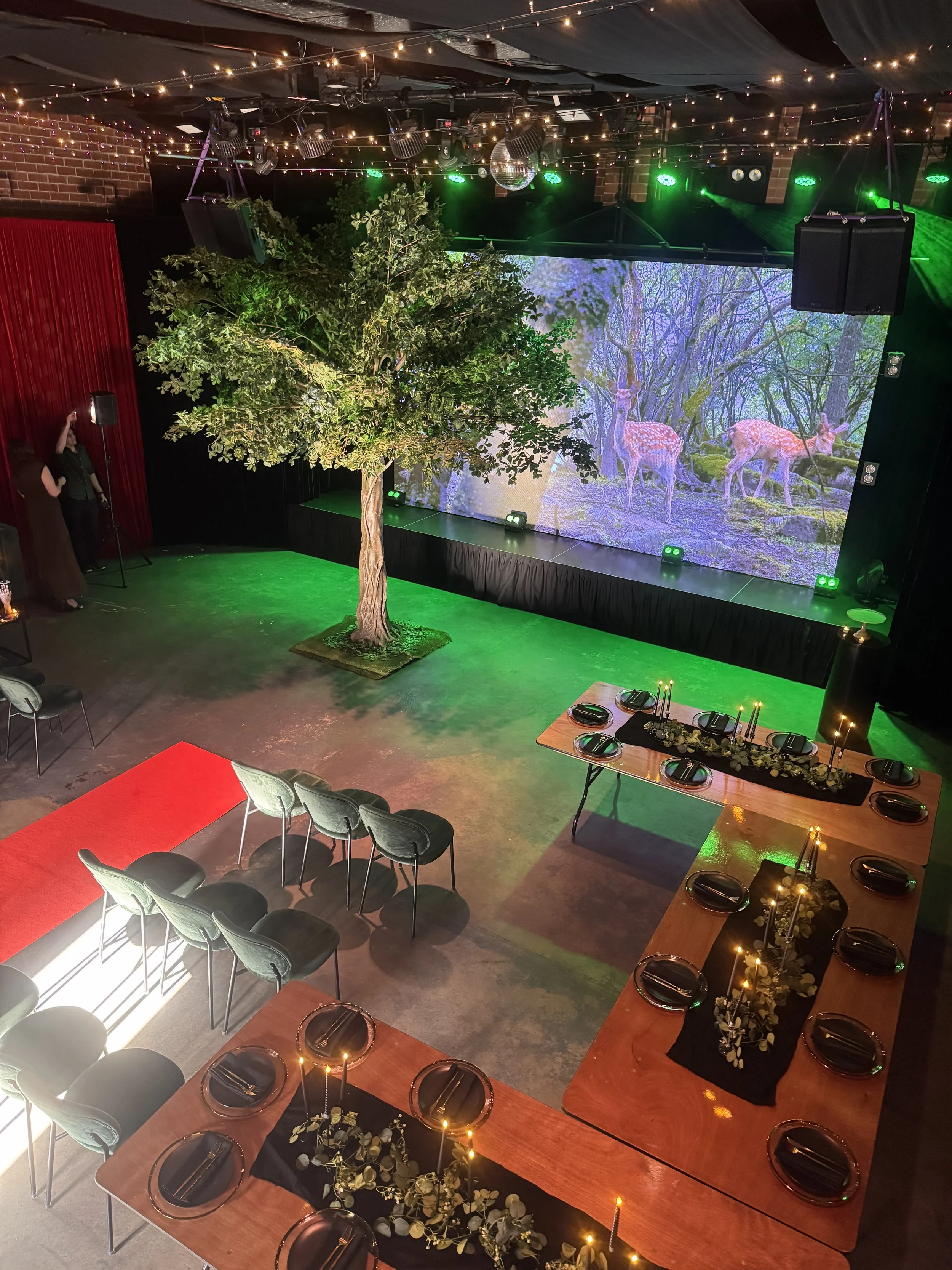 An aerial perspective of the event space showing a red carpet aisle, green velvet chairs, and long banquet tables set for dinner. The room is framed by an artificial tree prop and a large LED screen displaying a forest scene with deer.