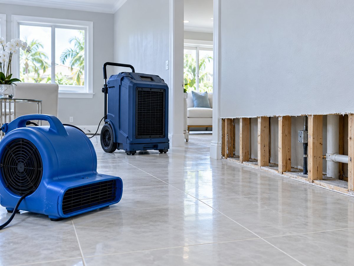 Water damage drying equipment beside an opened lower wall