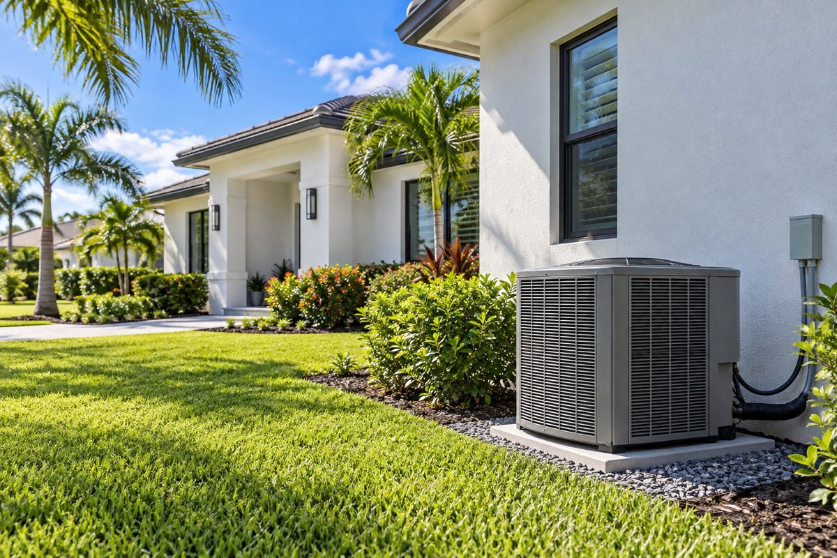 Outdoor air conditioning condenser beside a South Florida home