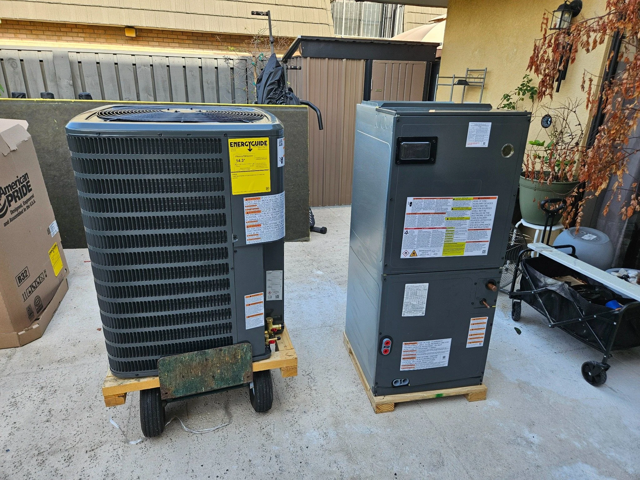 New Goodman condenser and air handler for an AC installation in West Palm Beach, Florida.