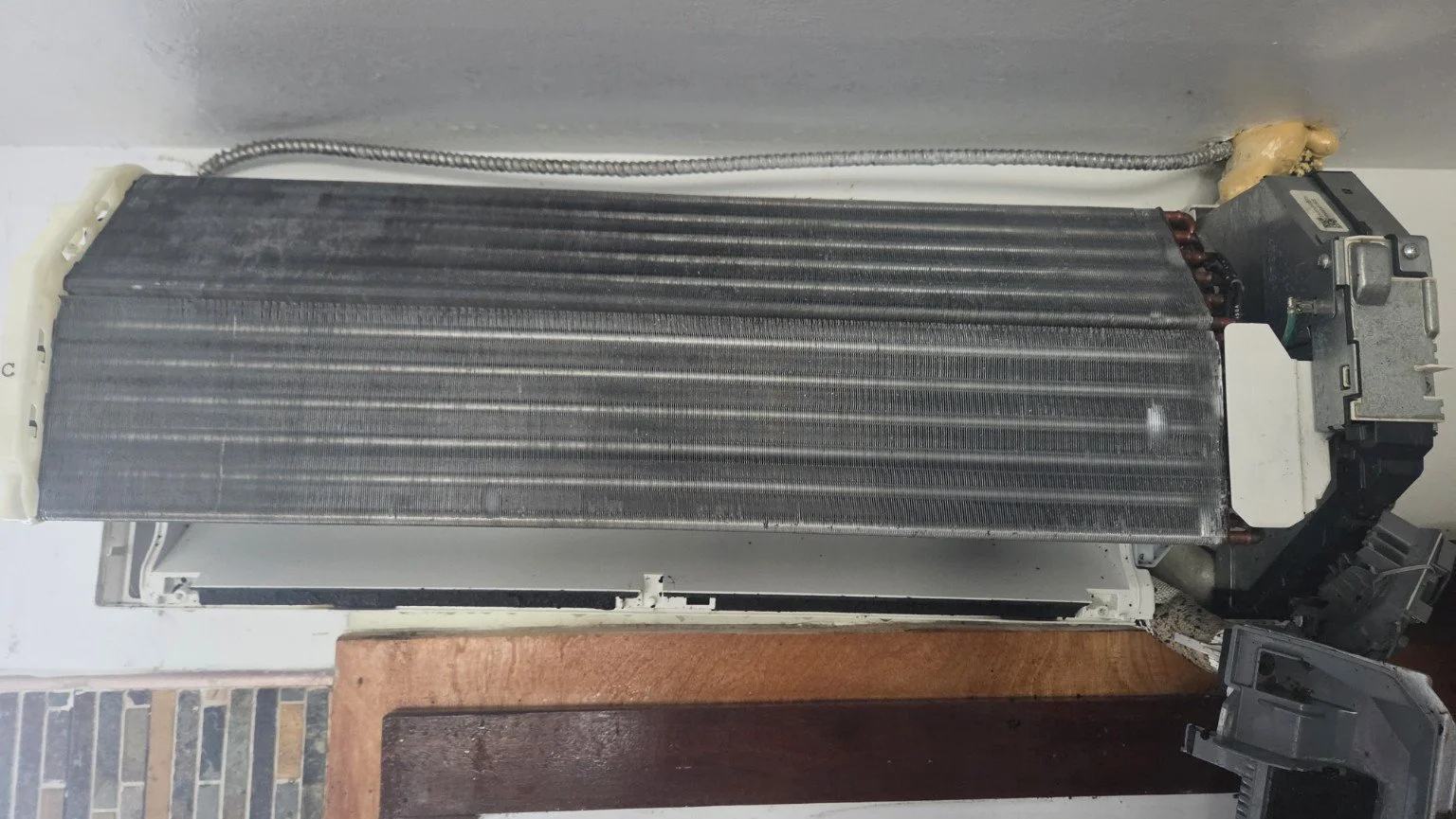 Mini-split evaporator coil after cleaning in Fort Lauderdale, Florida.