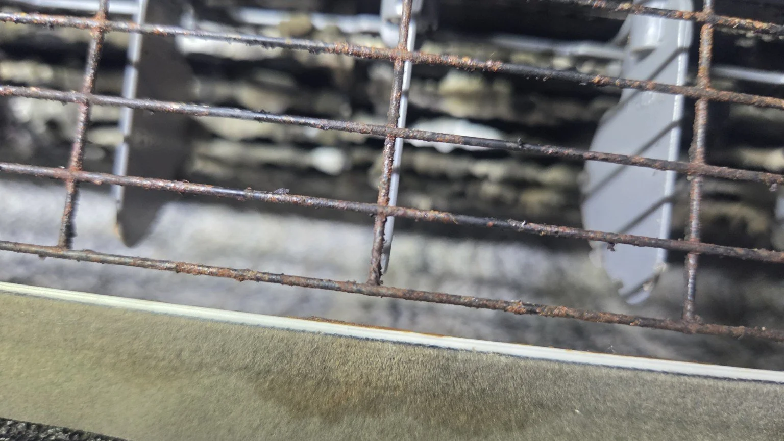 Close-up of buildup on the mini-split blower before deep cleaning in Fort Lauderdale, Florida.