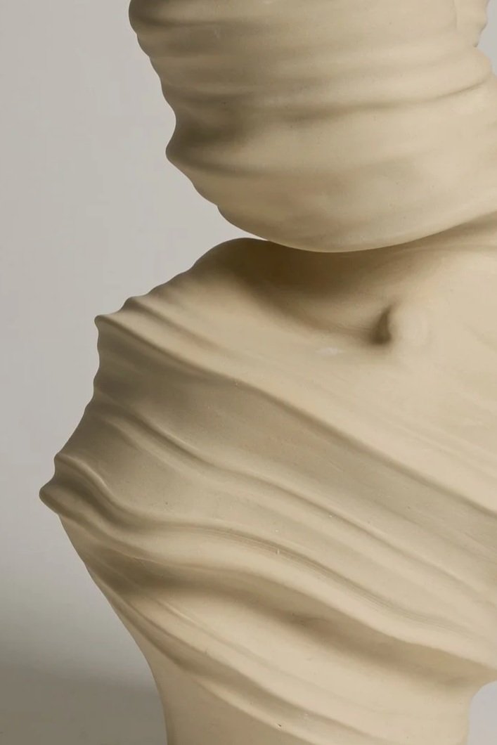 Close-up of an abstract ceramic sculpture by Melbourne ceramic artist Alyssa Nuttall. Organic form inspired by erosion and changing coastal landscapes.