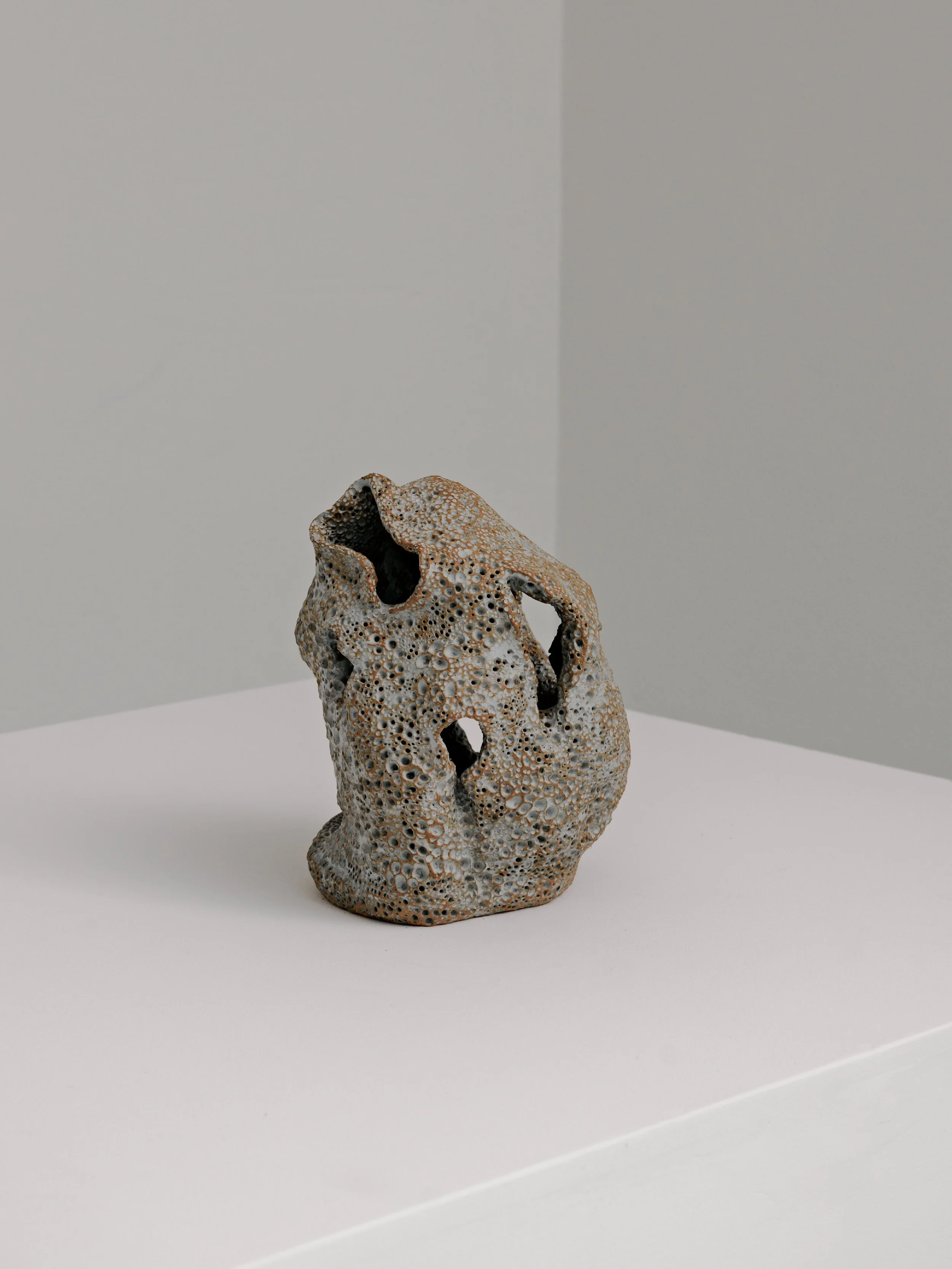 Hand-textured ceramic sculpture by Melbourne ceramic artist Alyssa Nuttall, featuring organic forms inspired by coral reefs and changing natural environments.