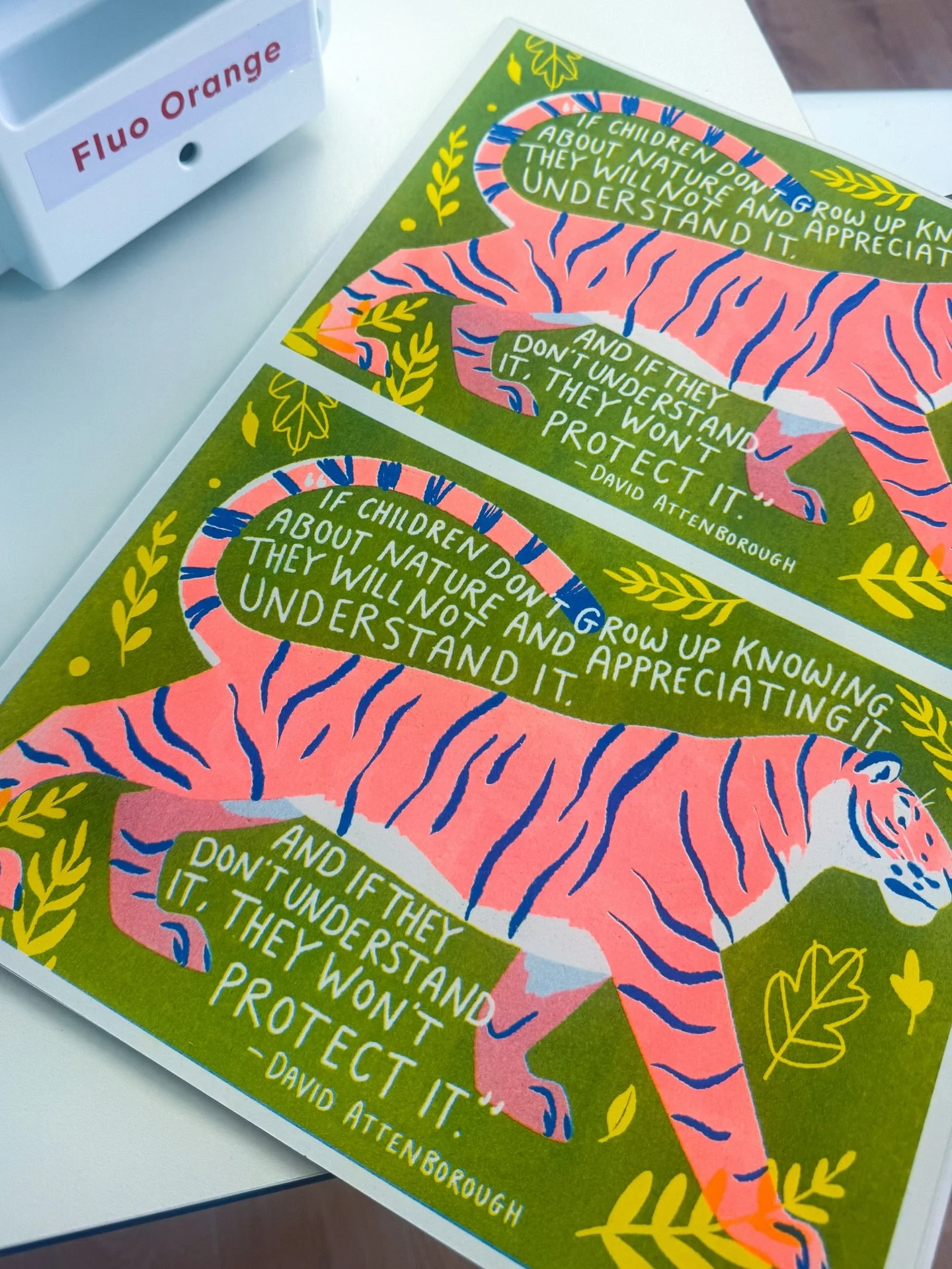 @davidattenborough inspired A4 Riso prints for @gee.holland 🐅🌿

blue 〰️ yellow 〰️ fluo orange 

.
.
.
.

#Risograph #Riso #RisoPrint #Printmaking