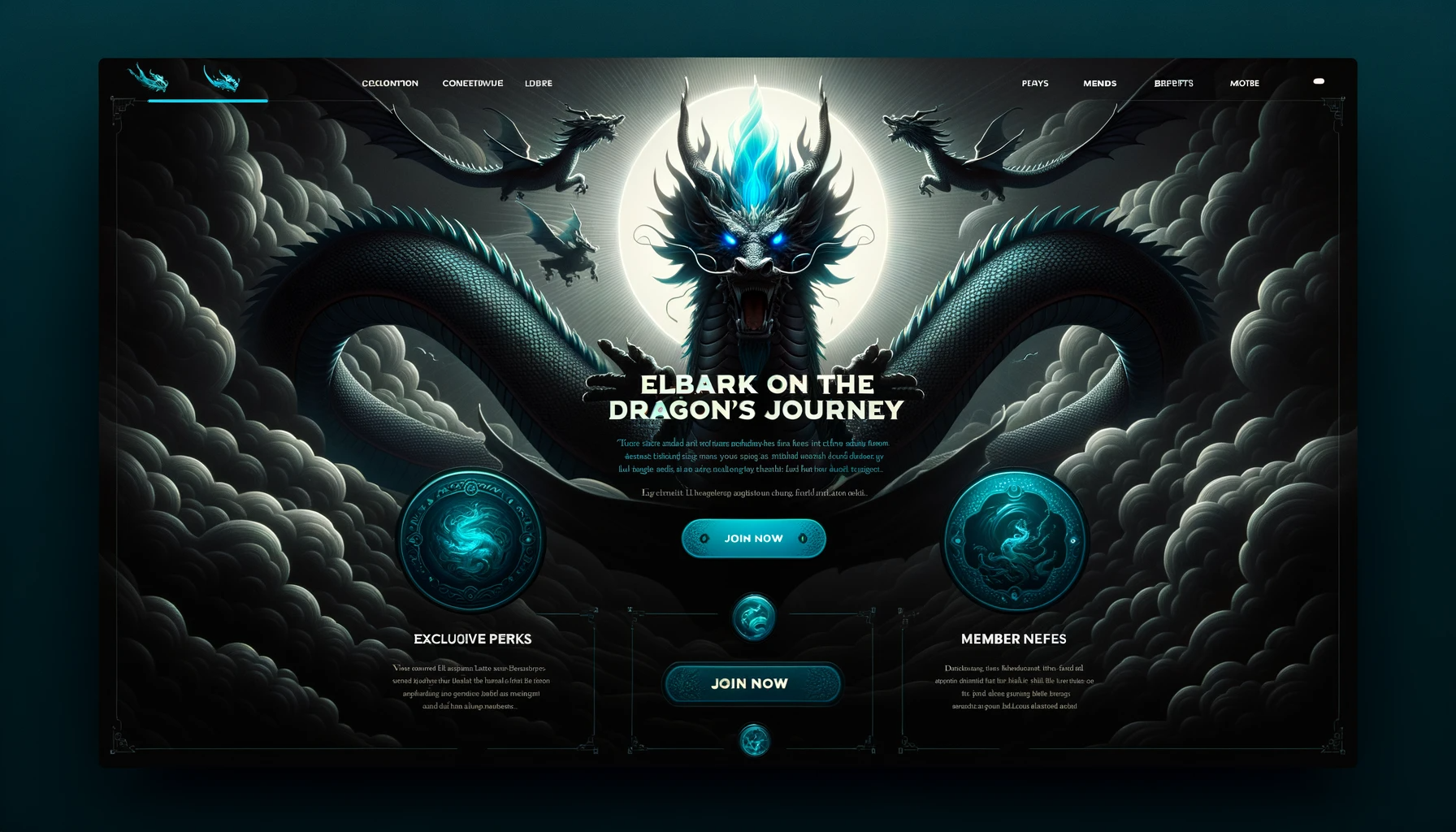 DALL·E 2023-10-16 14.51.15 - Photo of a dark-themed landing page with a horizontal design centered around the dragon god narrative. The navigation in dark teal has blue highlights.png