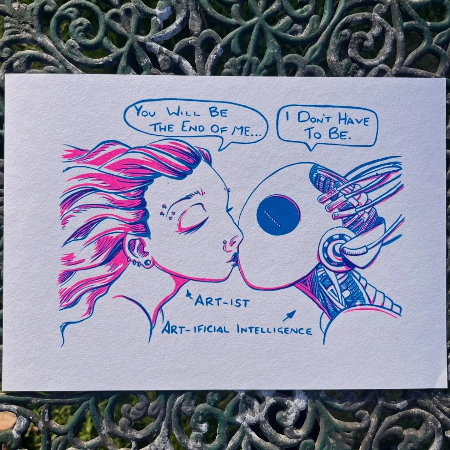 Screen prints! Showing my hope that new tech will not be the end of us artists. 

I liked this image from my most recent zine, so I made a run of prints of it. Not sure what I&rsquo;m going to do with them yet&hellip;but wanted to share. Any ideas ar
