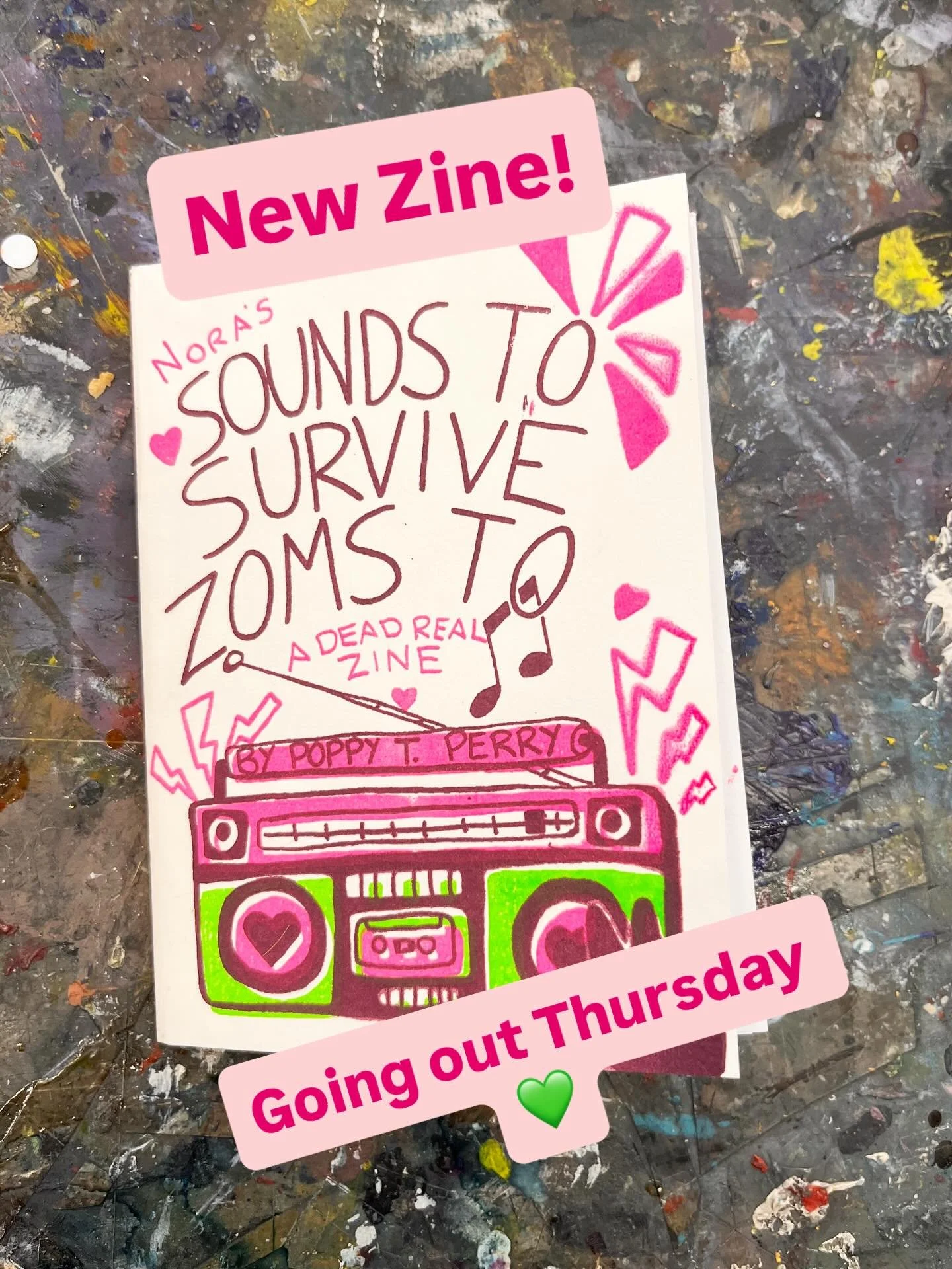 New Zine! - Printable version going out Thursday morning in my newsletter 

- website link in bio - 

(Originals are 3 colour screen prints&hellip;hence the human imperfections 😁)

I&rsquo;m sharing my mix tape love with Nora and Ruby 💚 while final