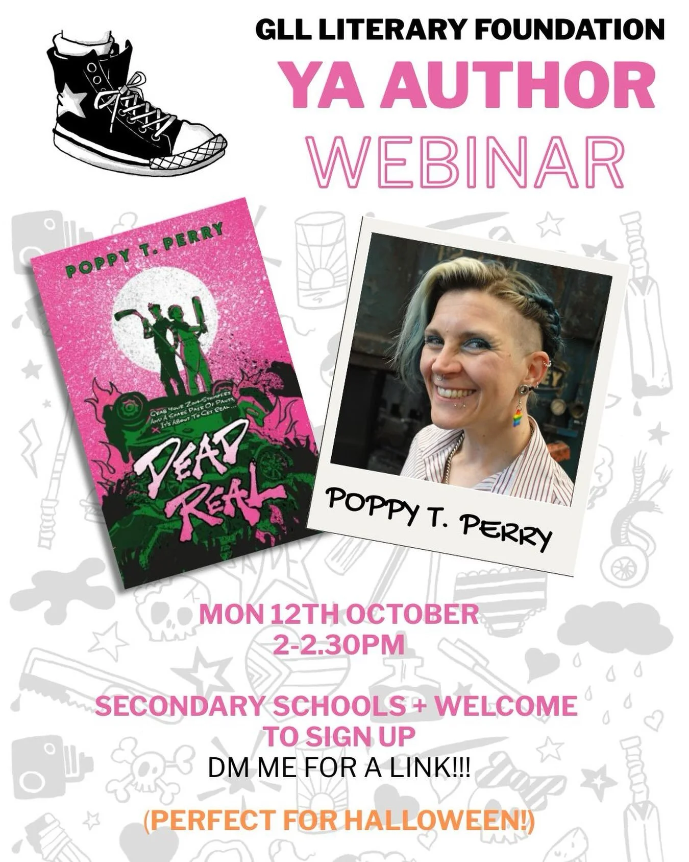 Free to book onto.

Secondary schools, colleges or libraries, just send me a message and I&rsquo;ll send you through the link 🩷

My debut, DEAD REAL is Heartstopper meets Shaun of the Dead, zombie romance comedy aimed at ages 11+. 

I&rsquo;m going 