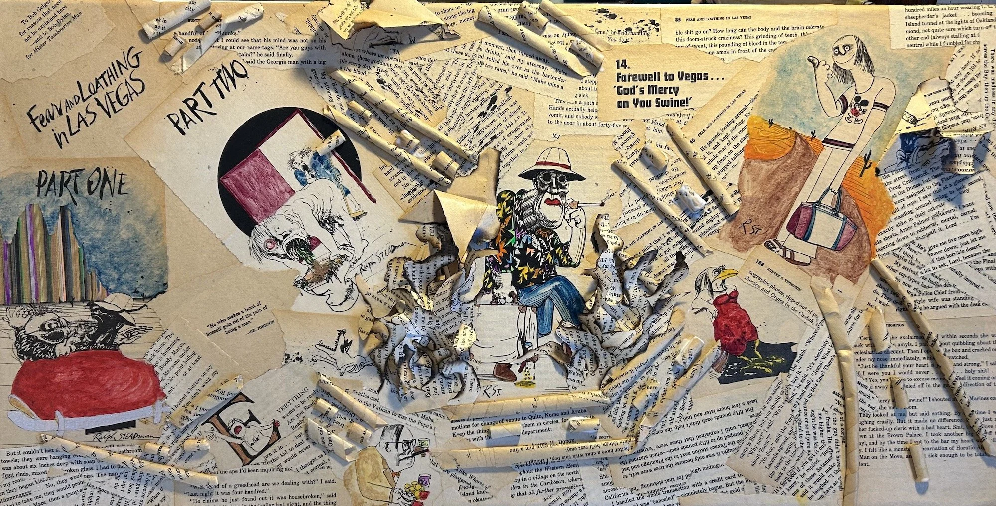 Fear and Loathing in Las Vegas (Mixed Media/Las Vegas book pages, India Ink, Acrylic Paint - 12" x 36" - USA) Rachel Clites