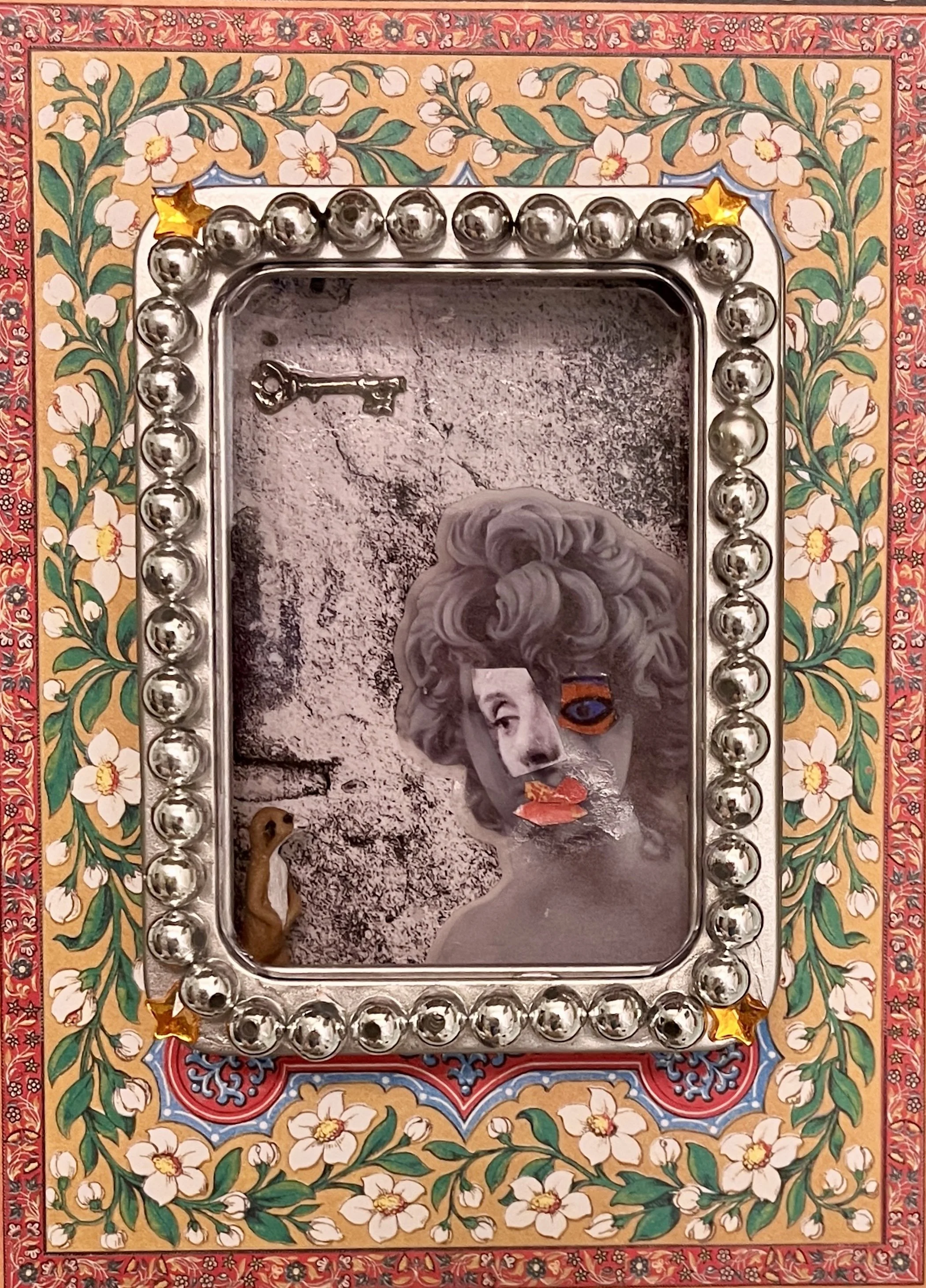 Listen to the Meerkat (Mixed Media - 3-D collage in a 4.5”L x 3.5”W x 1”D Altoid tin with a giclée background, mounted and framed 8”H x 6”W x .5"D - $250 USD - USA) Victoria Mullen