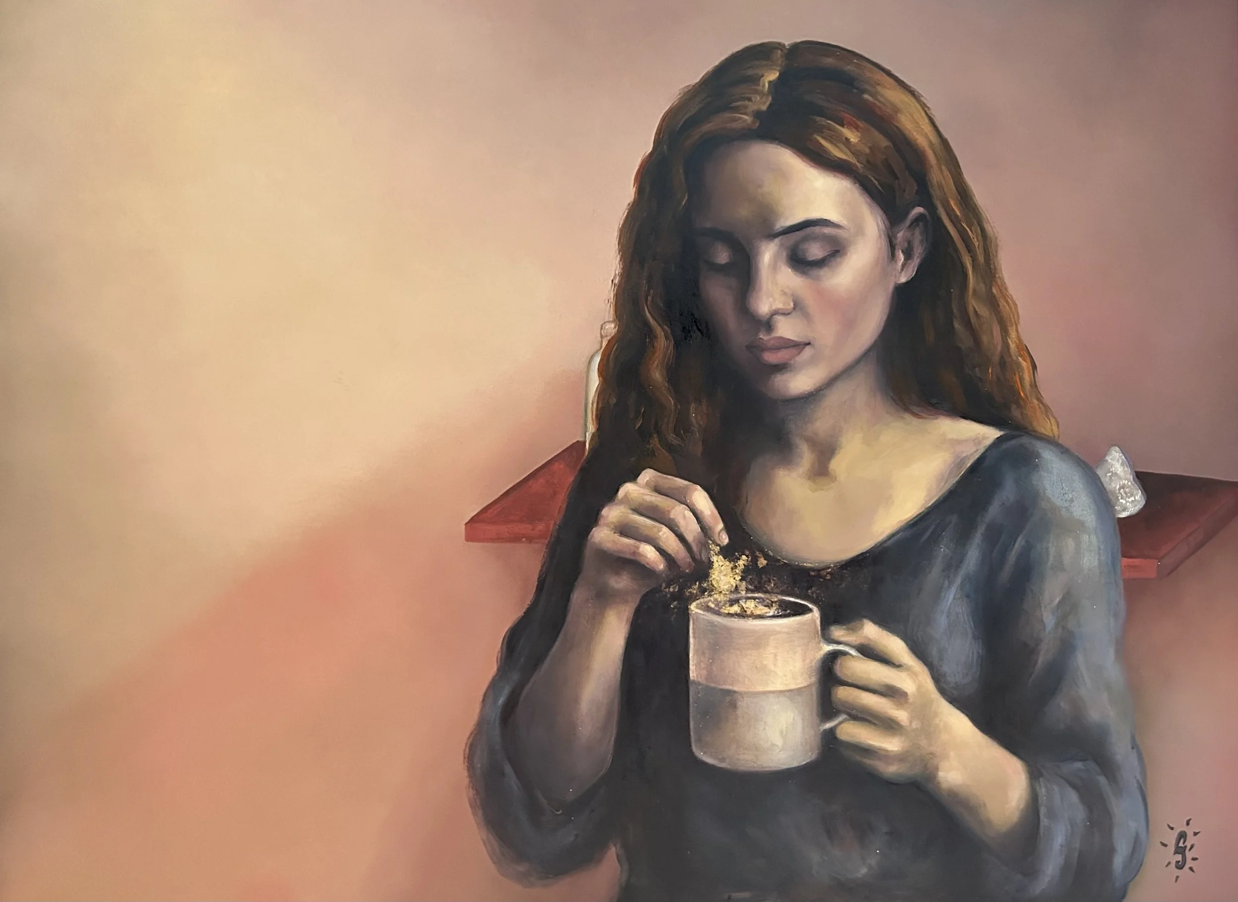 How a witch drinks her tea, magic potion and gold leaf (Painting - 60cm x 80cm x 3cm - 2300€ - France) Cecile Jeanne Fraeye