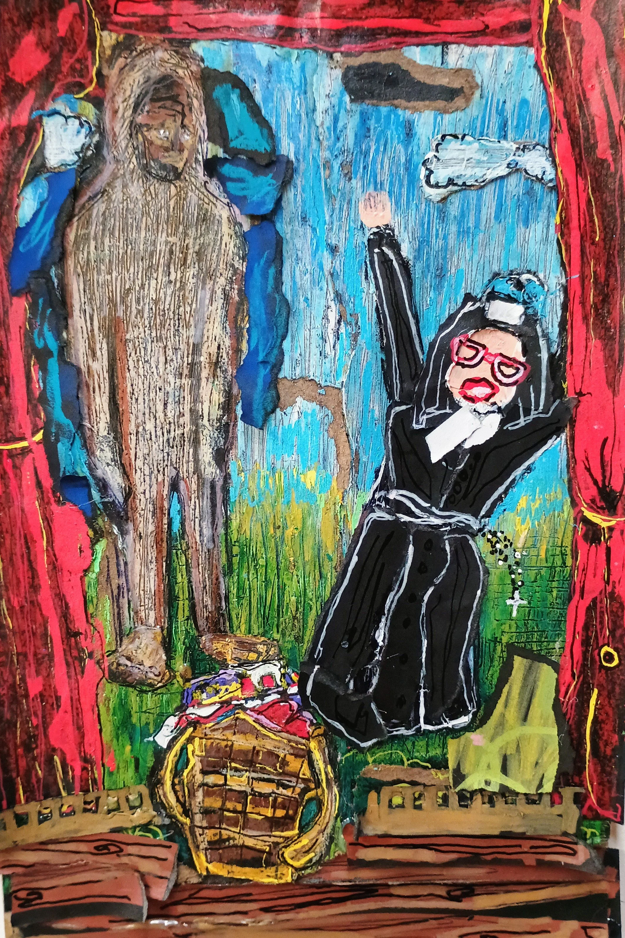 Act 1 scene 3 while collecting the clothes from the clothesline Sister Mary Hail encounters the mythical creature known as Bigfoot (Mixed Media - 10 x 14 inches - $225 USD - USA) Kurt Fondriest
