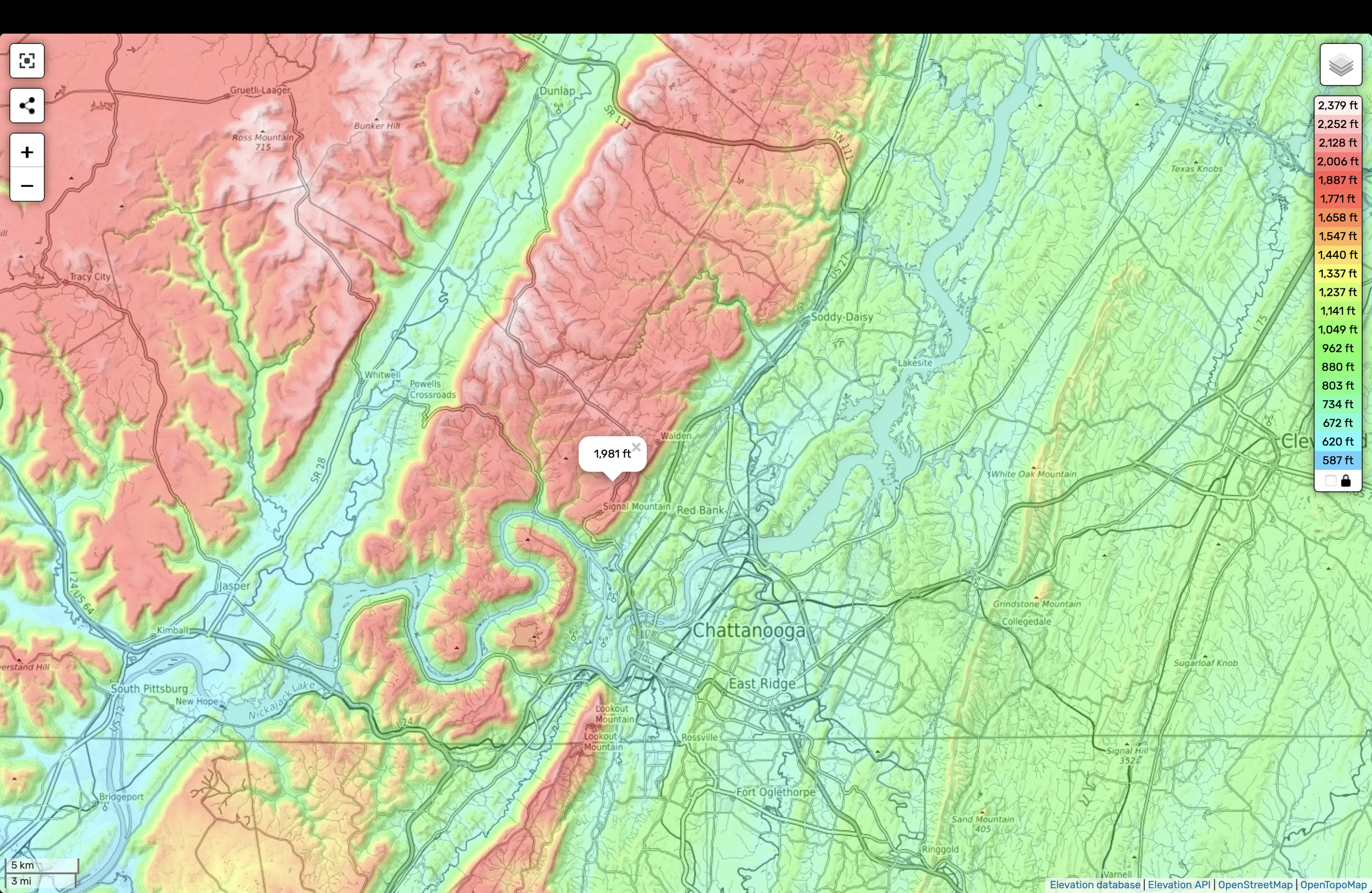 Signal Mountain, TN  topo with elevation