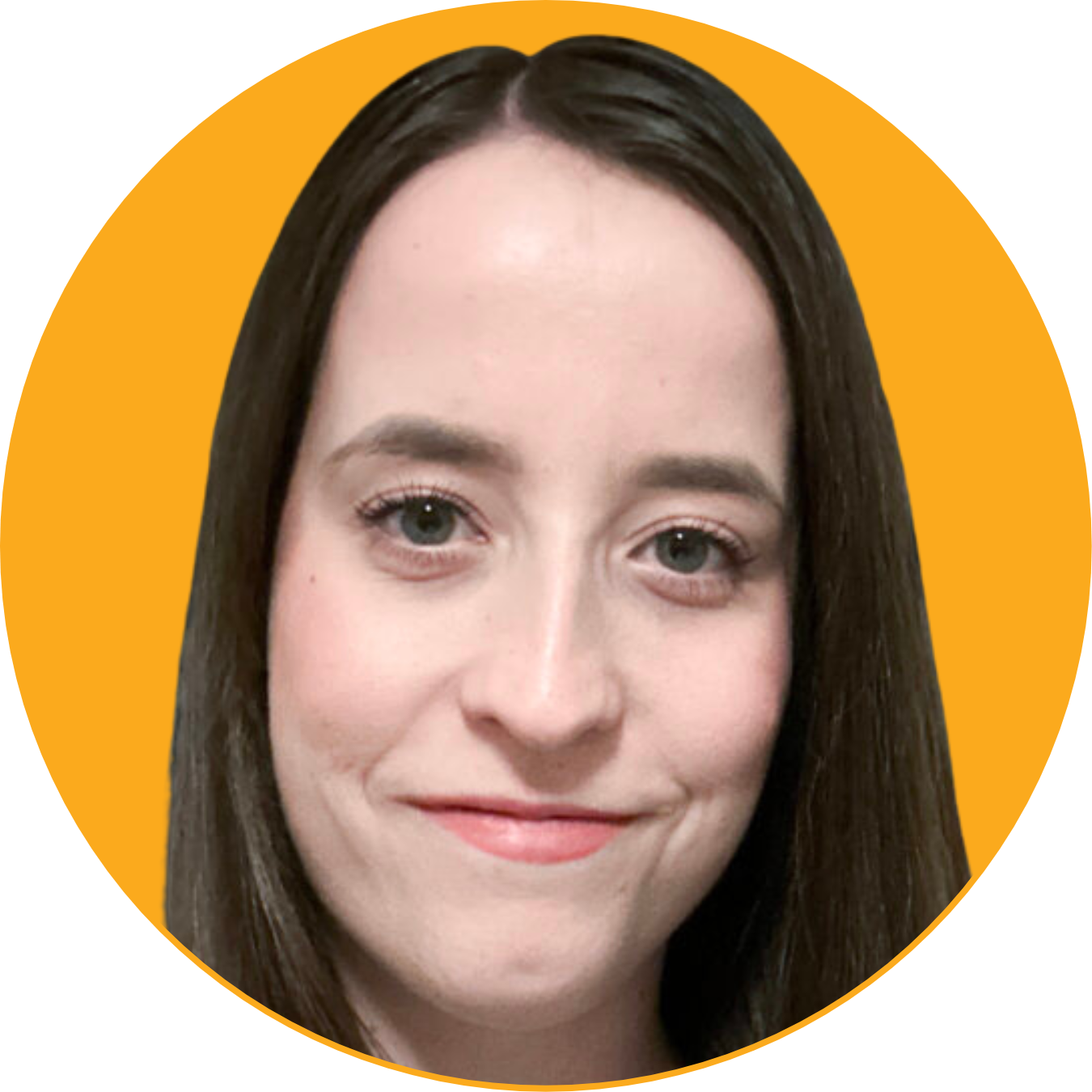 A woman with long dark hair and light skin, smiling, with a yellow circular background.