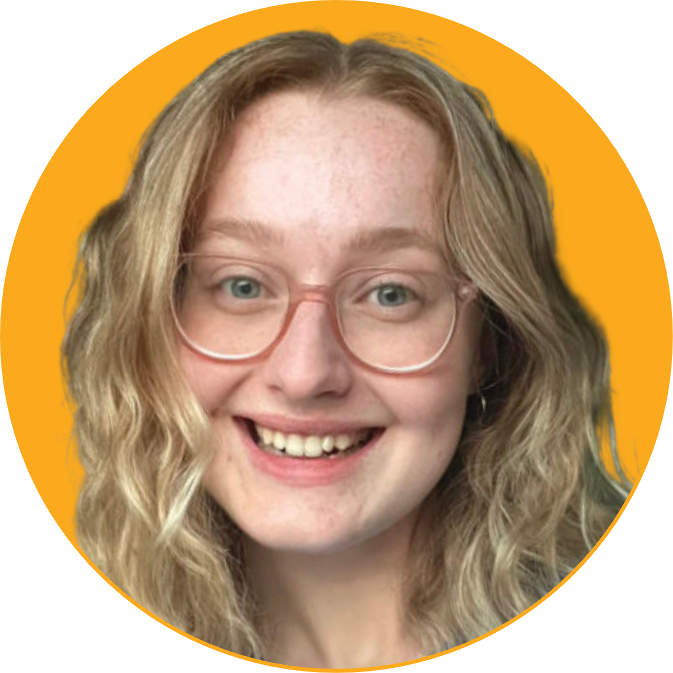 Close-up of a young woman with curly blonde hair, glasses, and a wide smile against a yellow circular background.