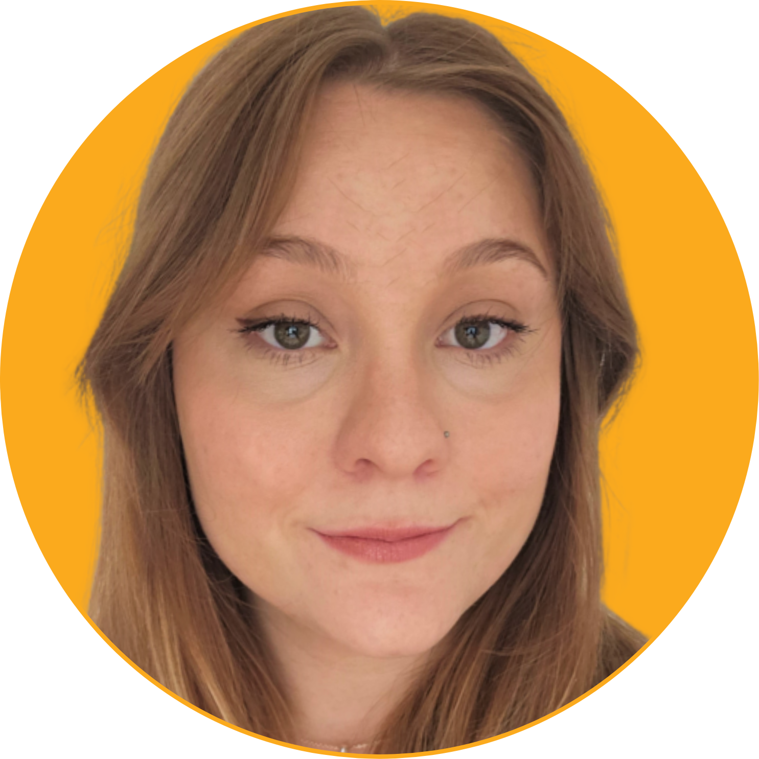 Close-up of a young woman with light brown hair and hazel eyes, smiling softly, with a yellow background.