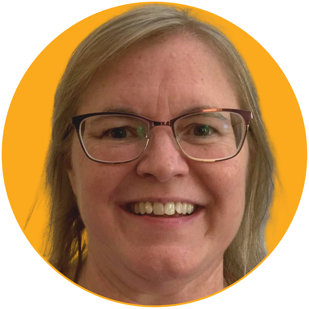 Close-up of a smiling woman wearing glasses with a yellow circular background.