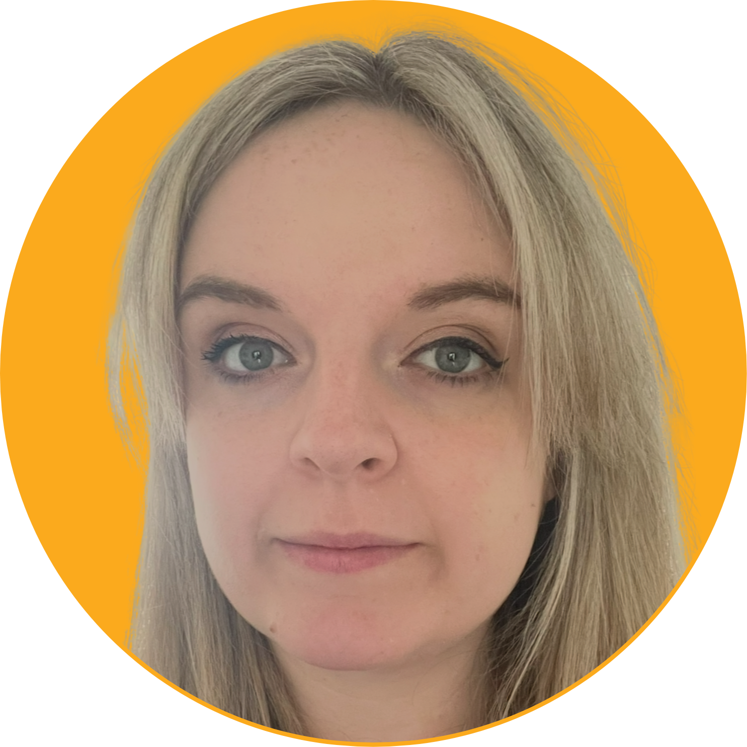 Close-up portrait of a woman with blonde hair, blue eyes against an orange circular background.