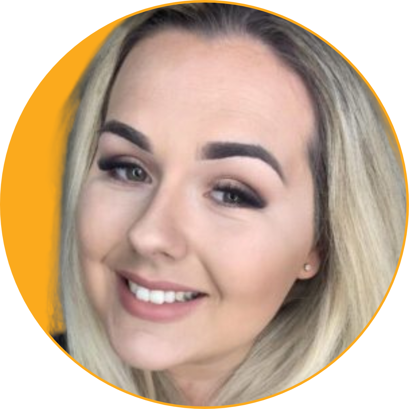 Close-up portrait of a smiling woman with blonde hair, blue eyes against an orange background.