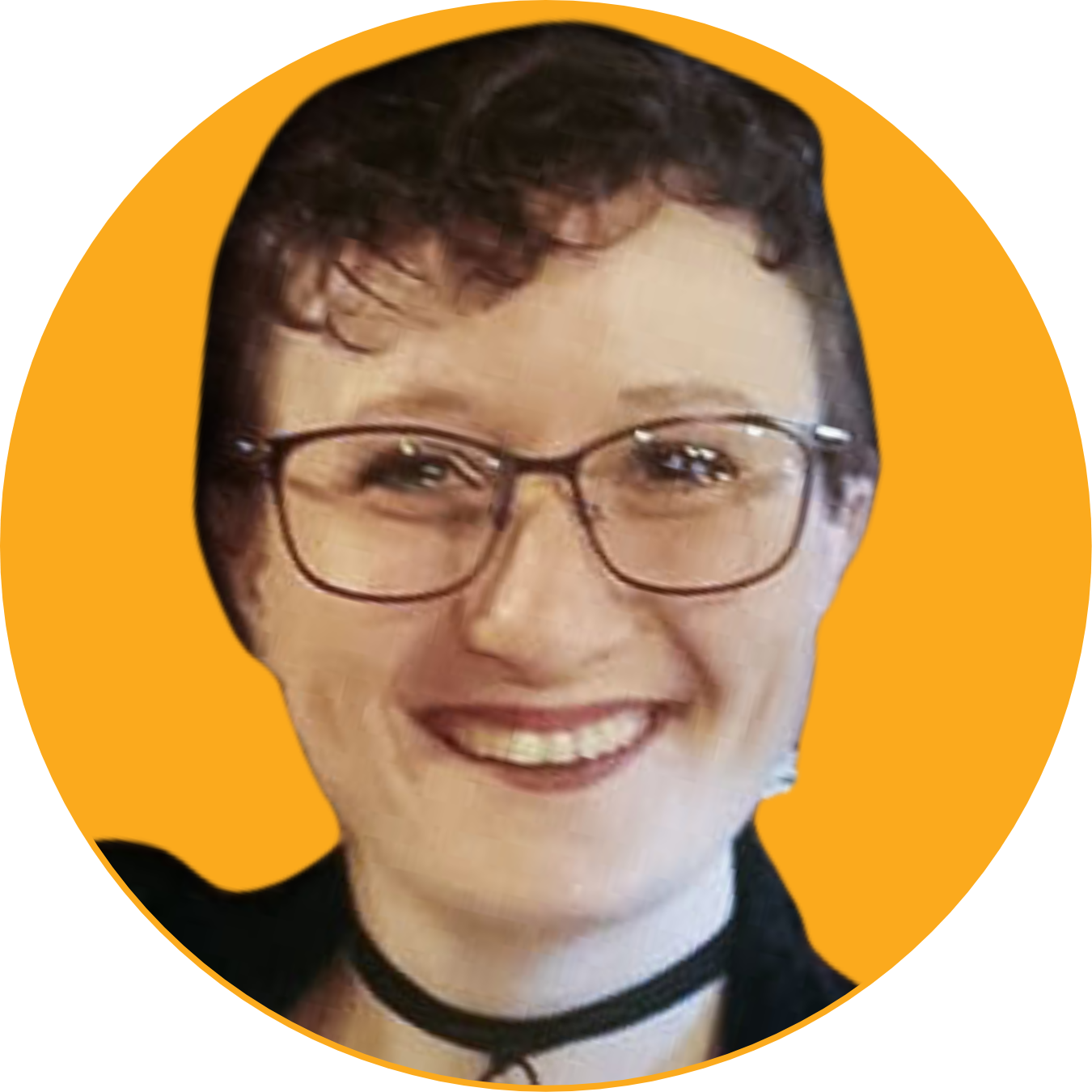A smiling person with short dark curly hair, glasses, and a choker necklace, set against an orange background.