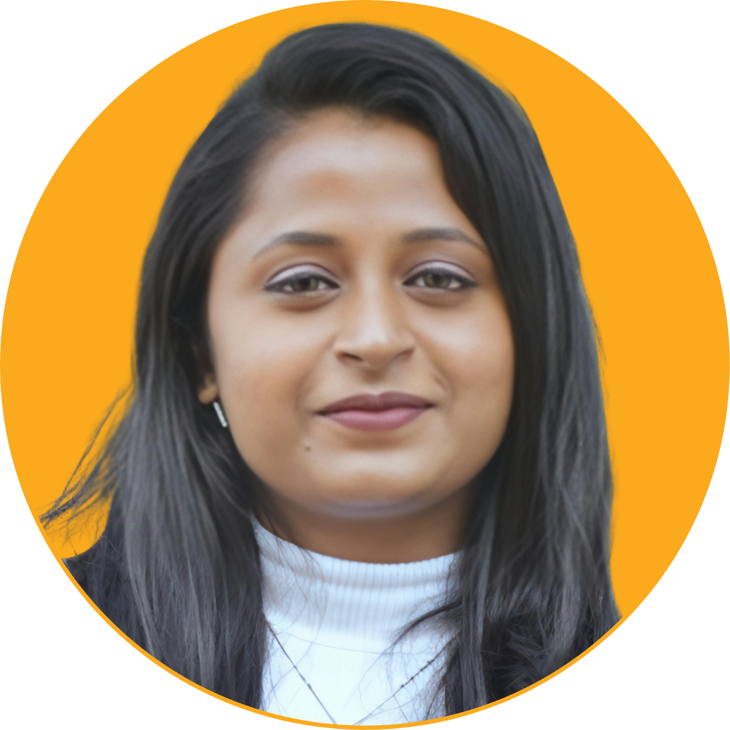 Close-up of a smiling woman with long black hair, wearing a white turtleneck and earrings, against an orange circular background.