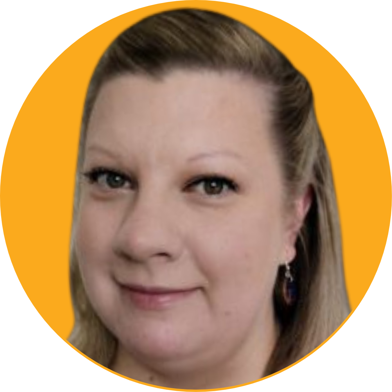 Close-up of a woman with light skin, light brown hair, and blue eyes, smiling slightly against an orange background.