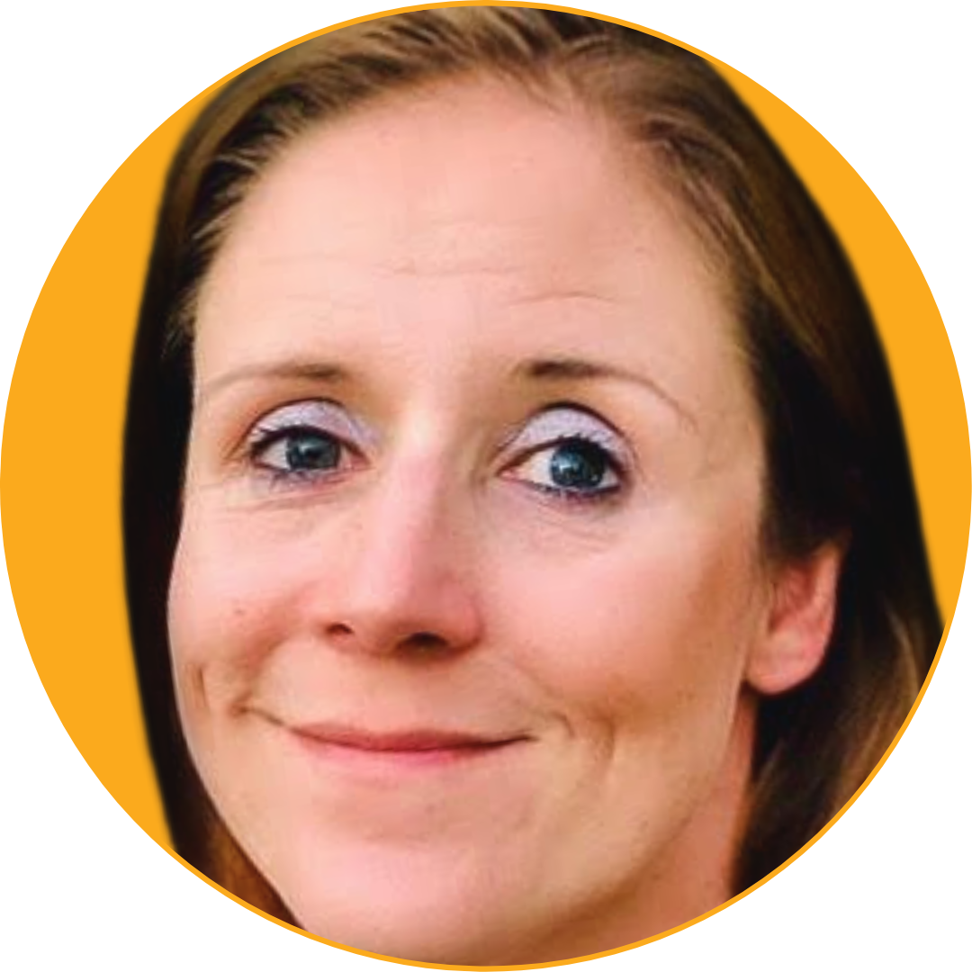 Close-up of a woman with brown hair, blue eyes, light makeup, smiling slightly, set against a yellow background.