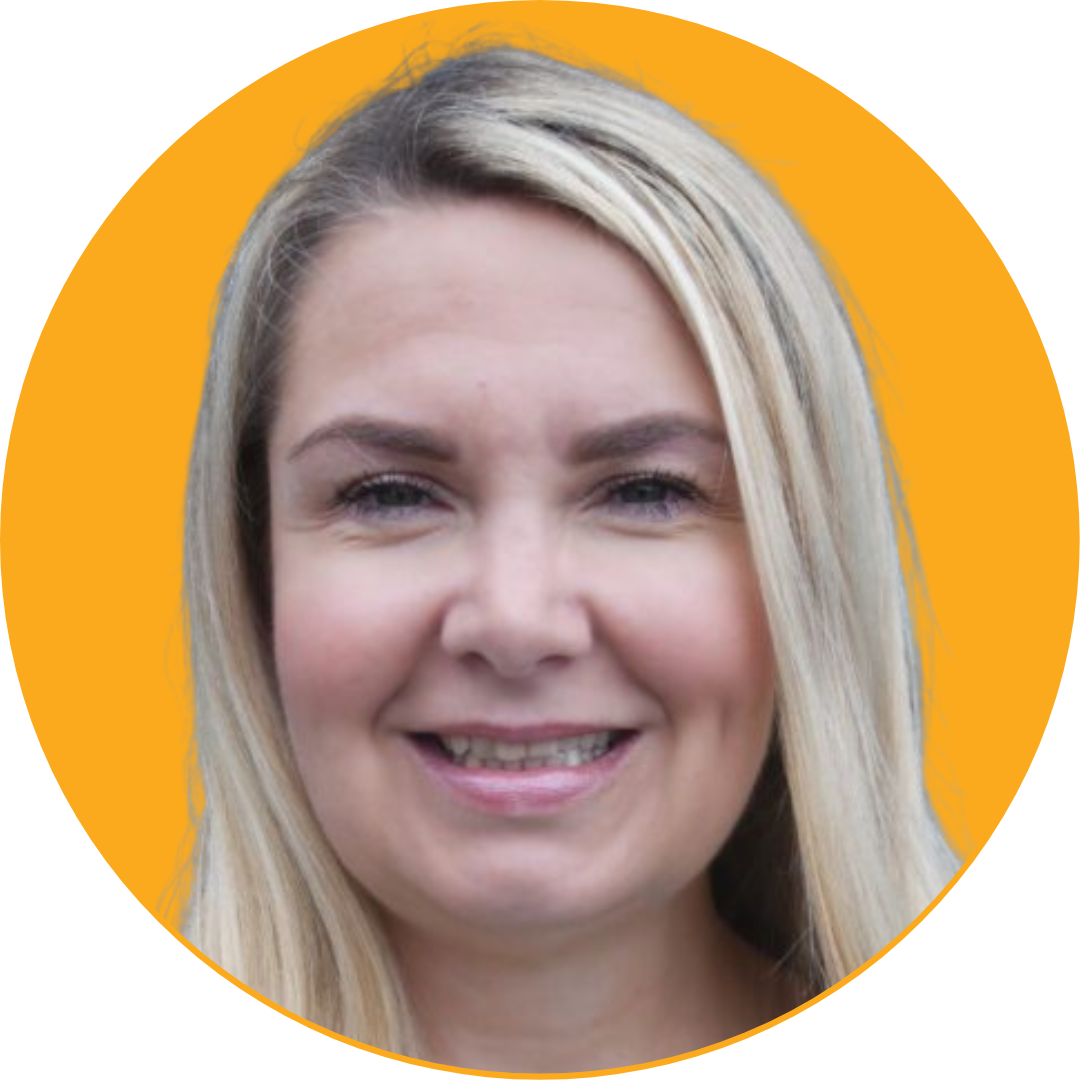Close-up photo of a smiling woman with long blonde hair against an orange background.