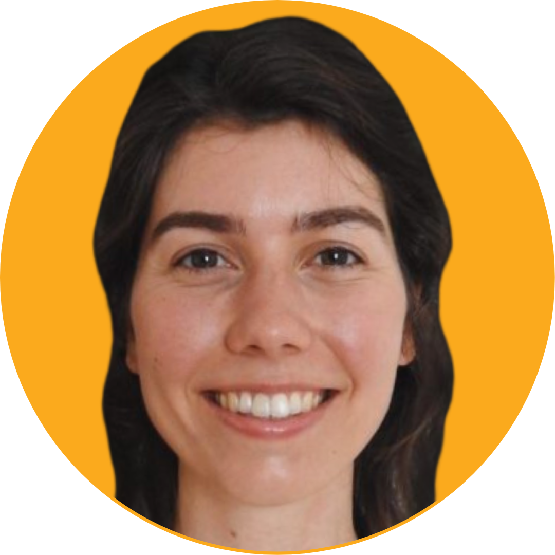 Close-up of a smiling woman with dark hair against an orange background.