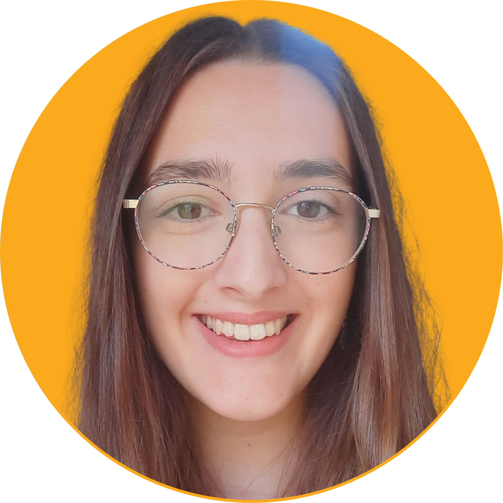 Close-up portrait of a young woman with long brown hair wearing glasses, smiling, with a yellow circular background.