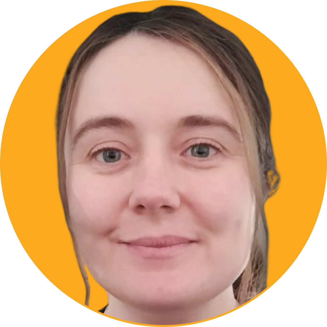 Close-up of a smiling woman with fair skin, blue eyes, and brown hair against a yellow background.