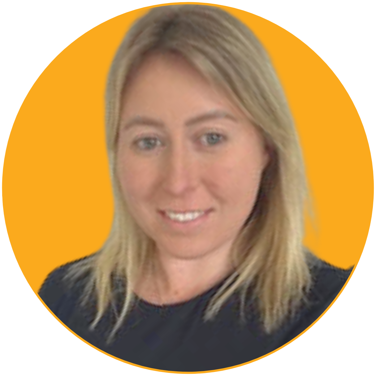 A woman with blonde hair and blue eyes smiling with a bright orange background.