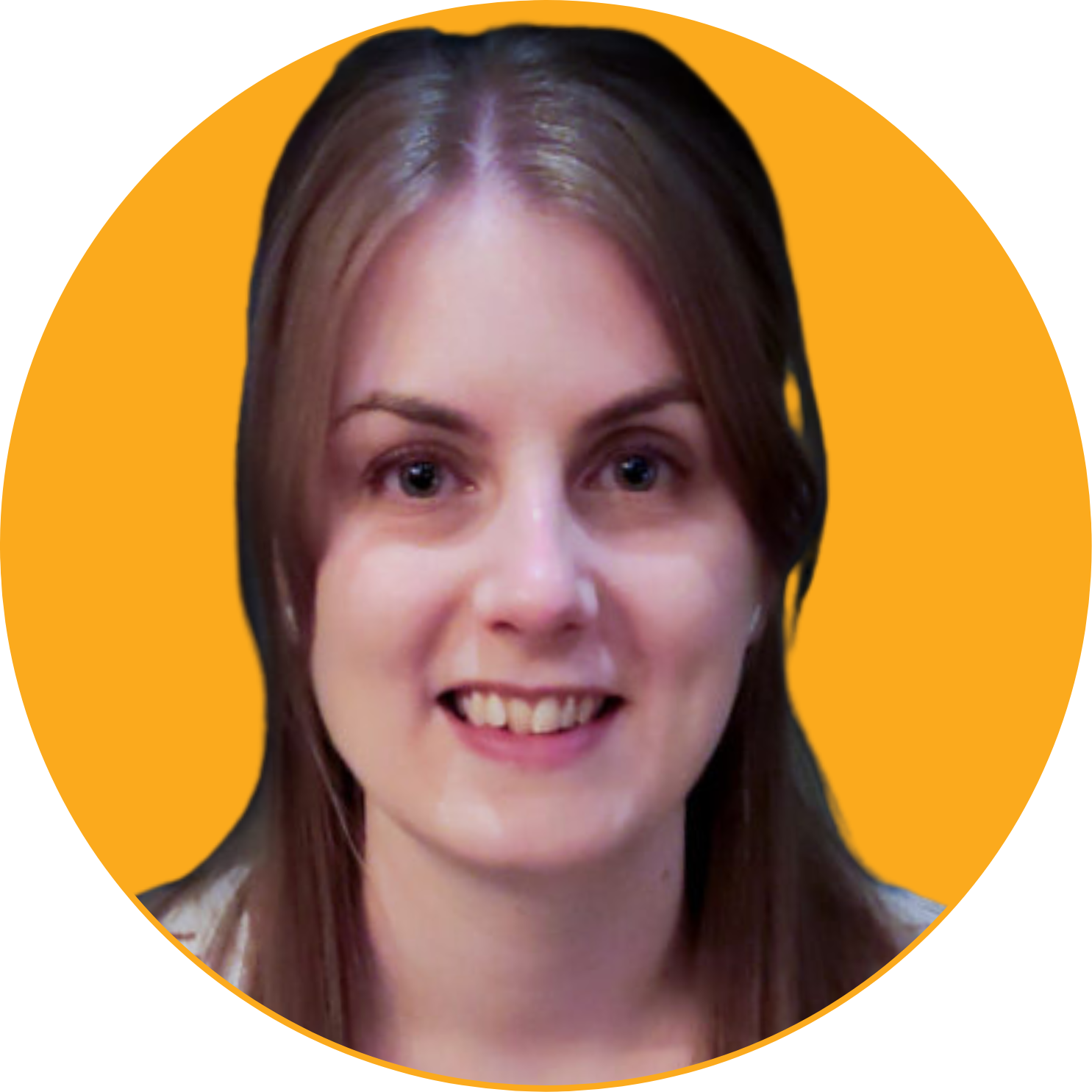 A smiling woman with shoulder-length brown hair and blue eyes, set against a bright orange background.