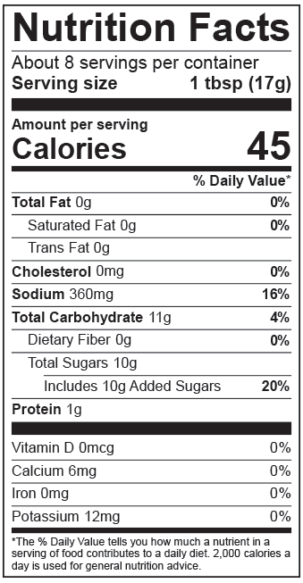 Foxy Teriyaki Nutrition Facts label