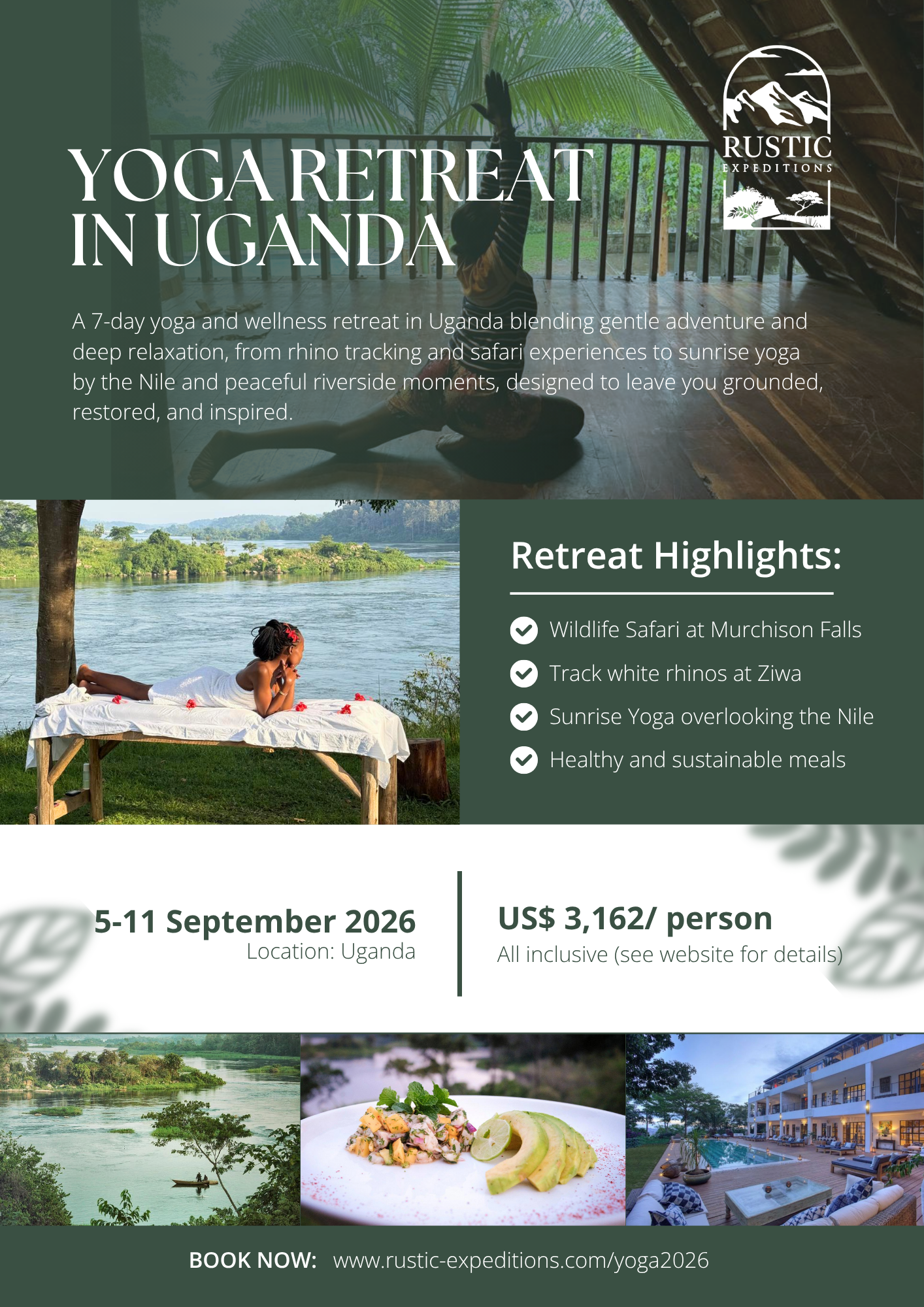 Flyer for yoga retreat in Uganda, including images of a person practicing yoga indoors, a woman receiving a massage outdoors by the river, and a view of a river with boats. The flyer lists retreat highlights such as wildlife safari, tracking rhinos, sunrise yoga, and healthy meals, with dates from September 5-11, 2026, and cost of $3,162 per person.