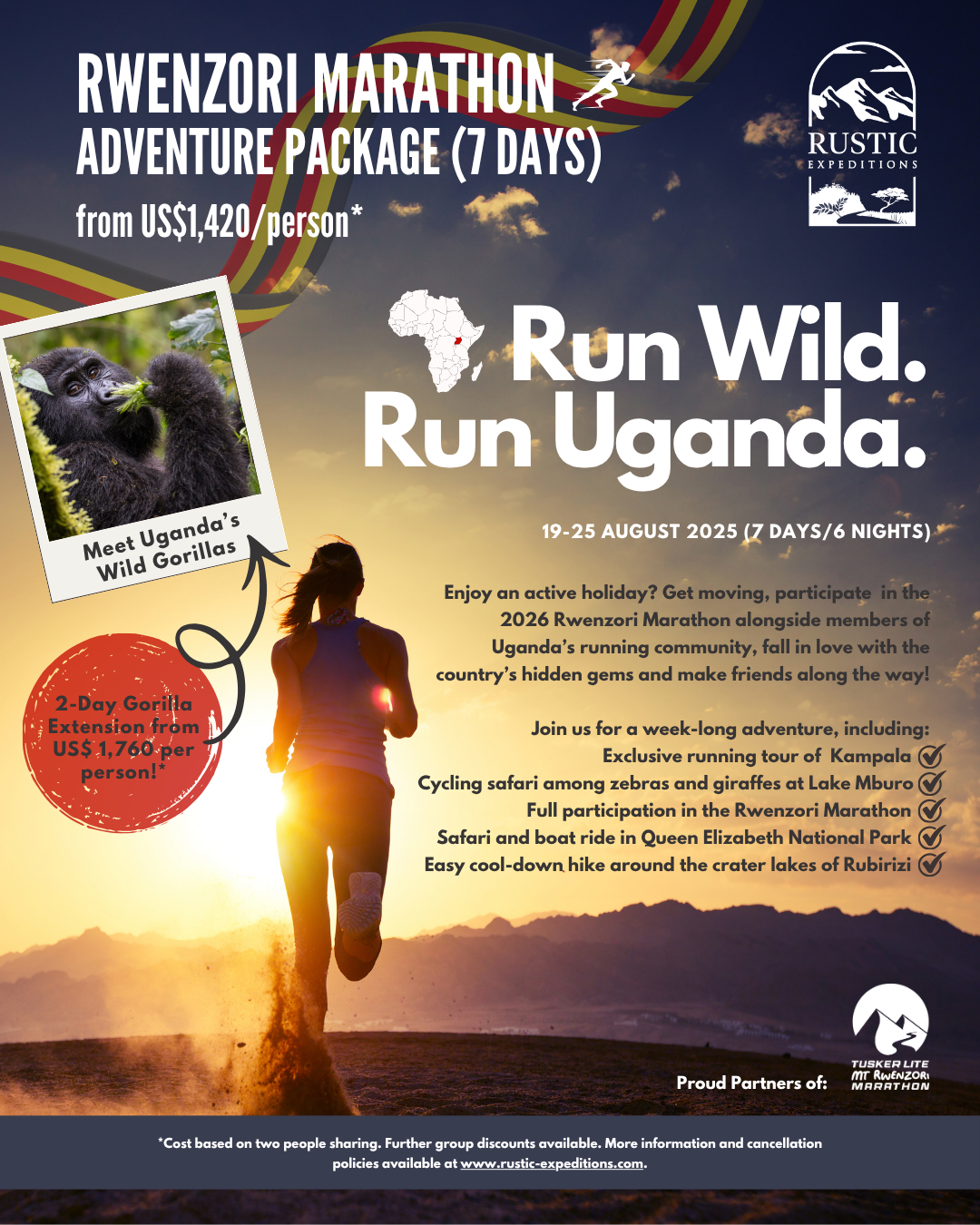 A promotional poster for the Rwenzori Marathon Adventure Package in Uganda, scheduled from August 19-25, 2025. The poster features a woman running at sunset, with a small inset picture of a gorilla and text highlighting the event details, activities, and costs. It includes images of mountains, a gorilla, and Ugandan landscapes.